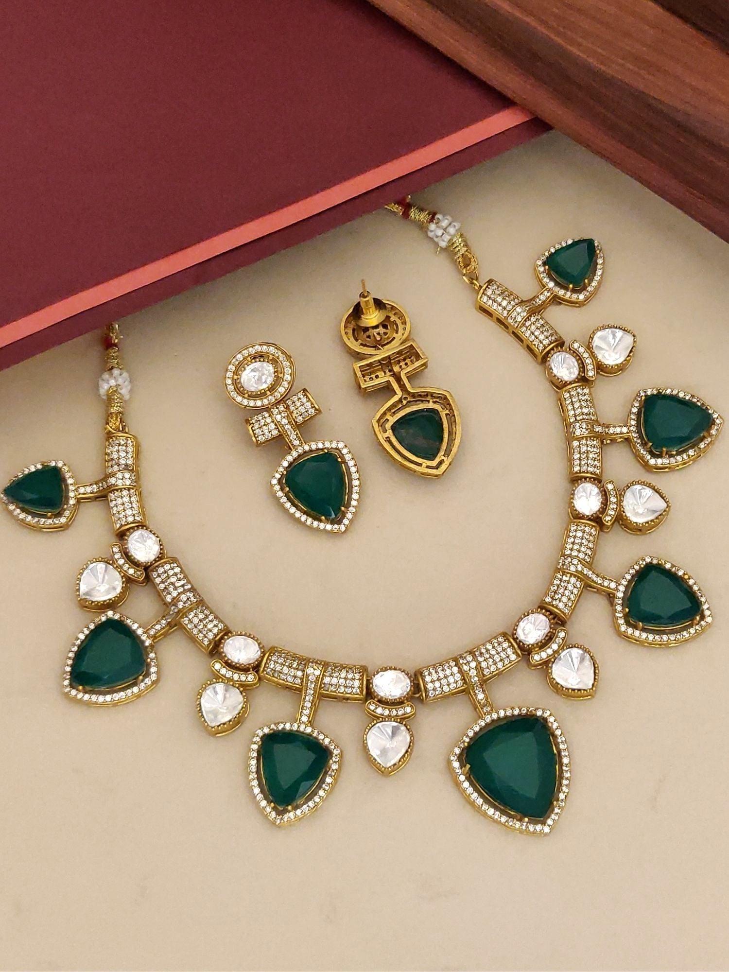 Gold Plated American Diamond Necklace Set with Green Stones and Matching Earrings