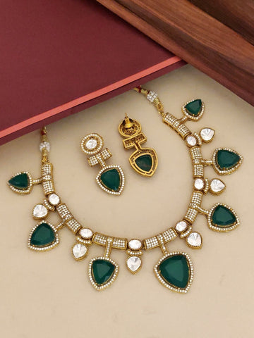 Gold Plated American Diamond Necklace Set with Green Stones and Matching Earrings for Elegant Wear