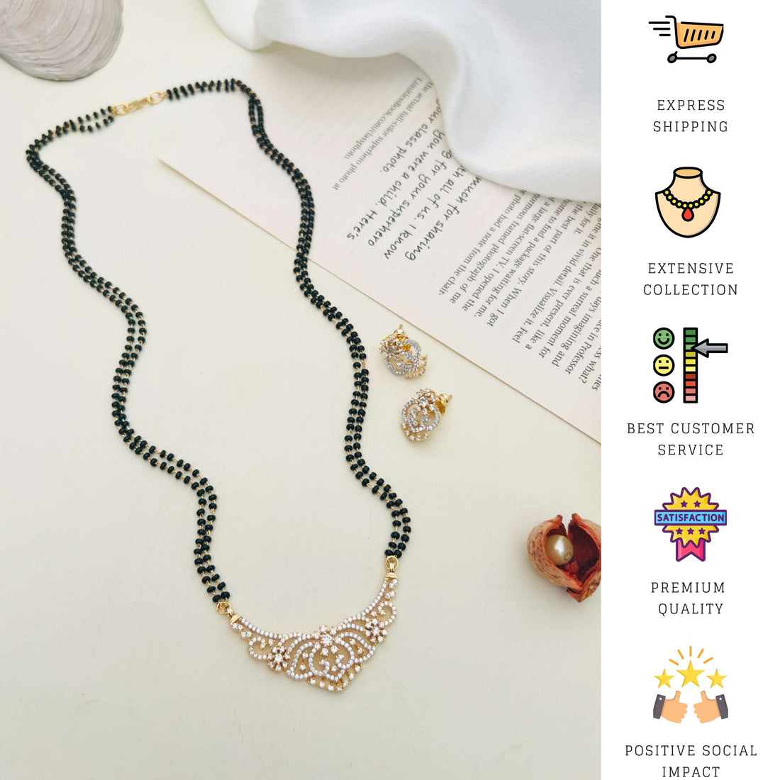 Gold Plated American Diamond Wedding Mangalsutra Set with intricate pendant worn by woman