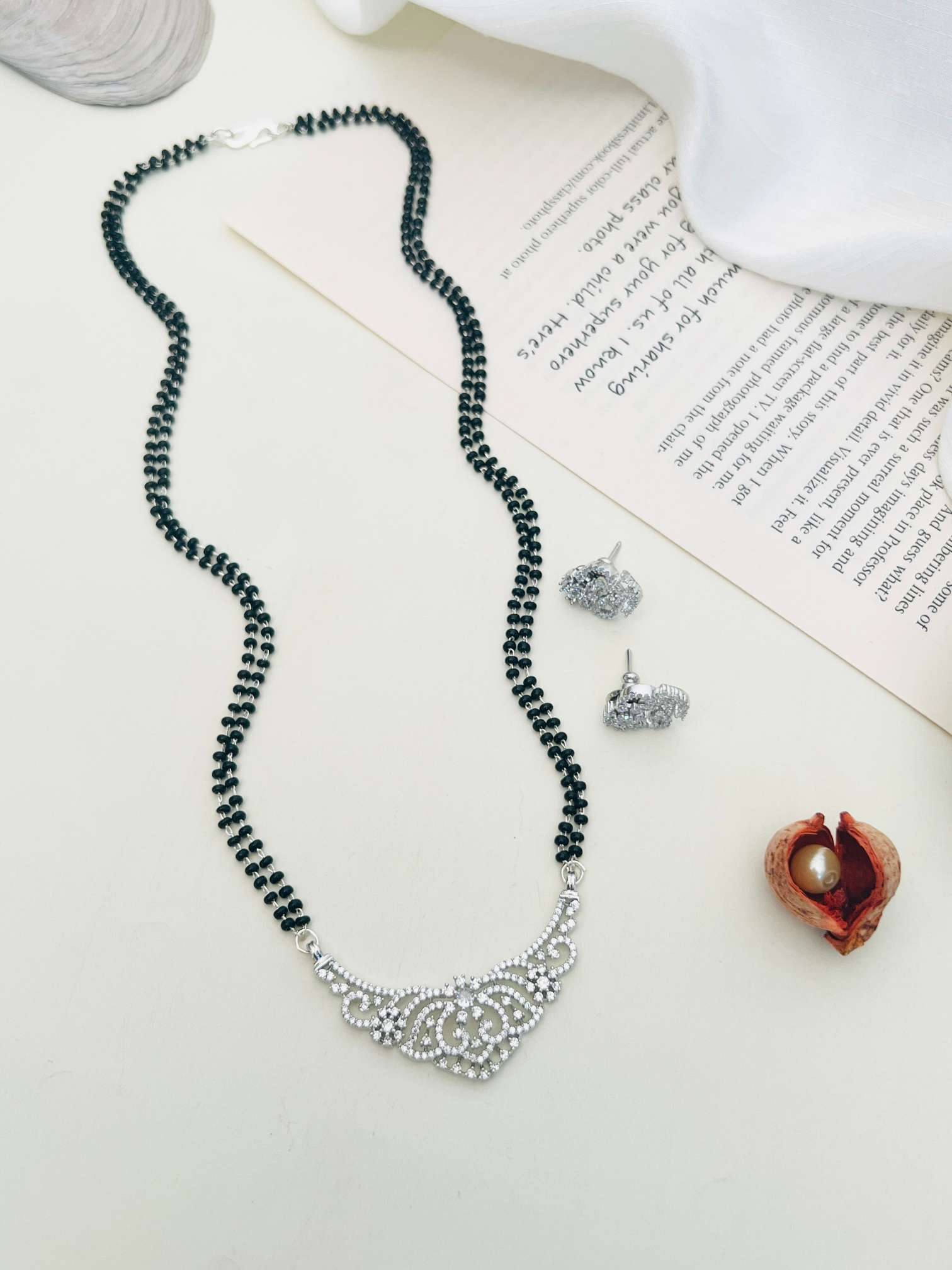 Gold Plated American Diamond Wedding Mangalsutra Set with black beads an earrings by Abdesignsjewellery