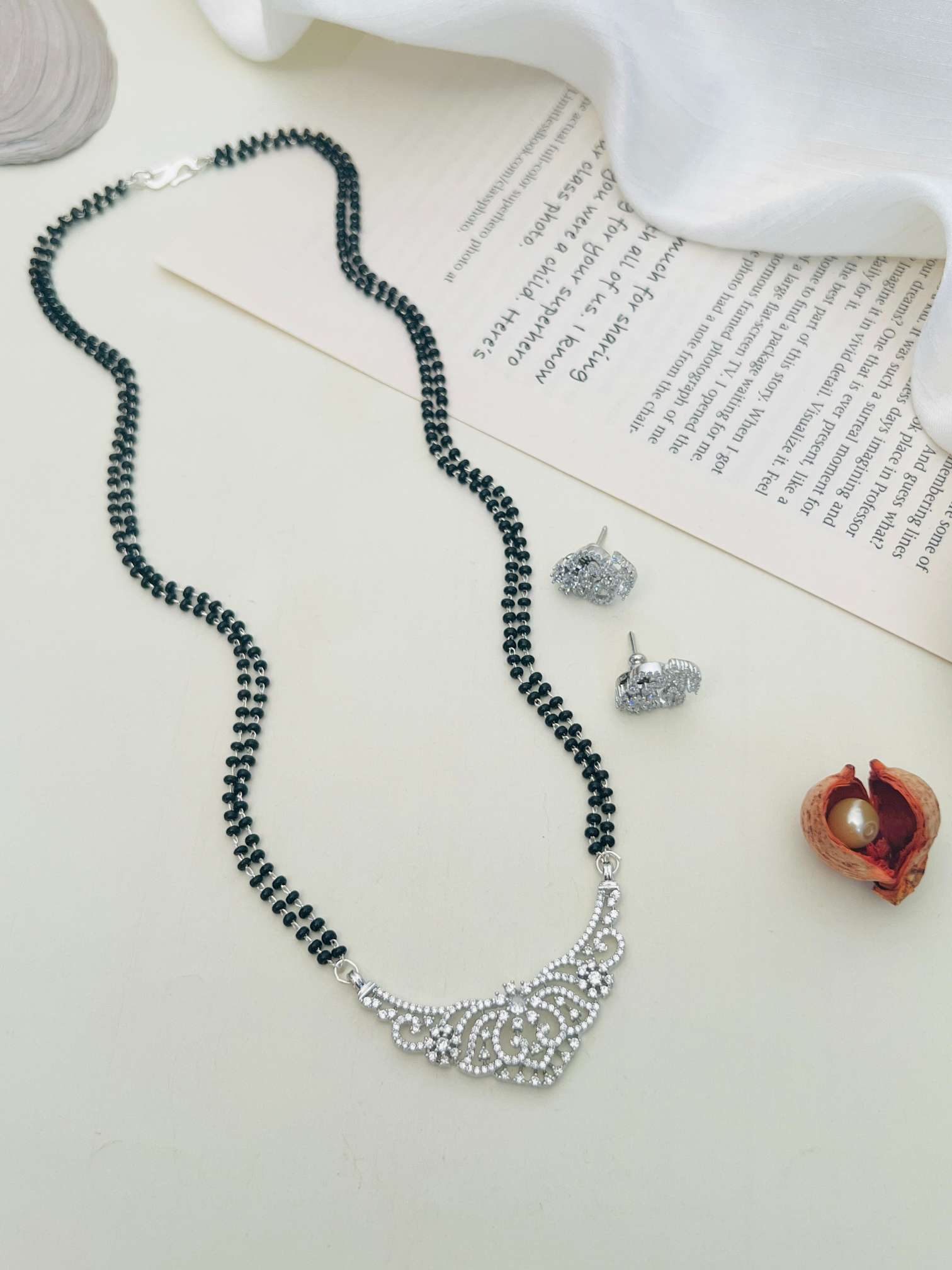 Gold Plated American Diamond Wedding Mangalsutra Set with black beads matching earrings by Abdesignsjewellery