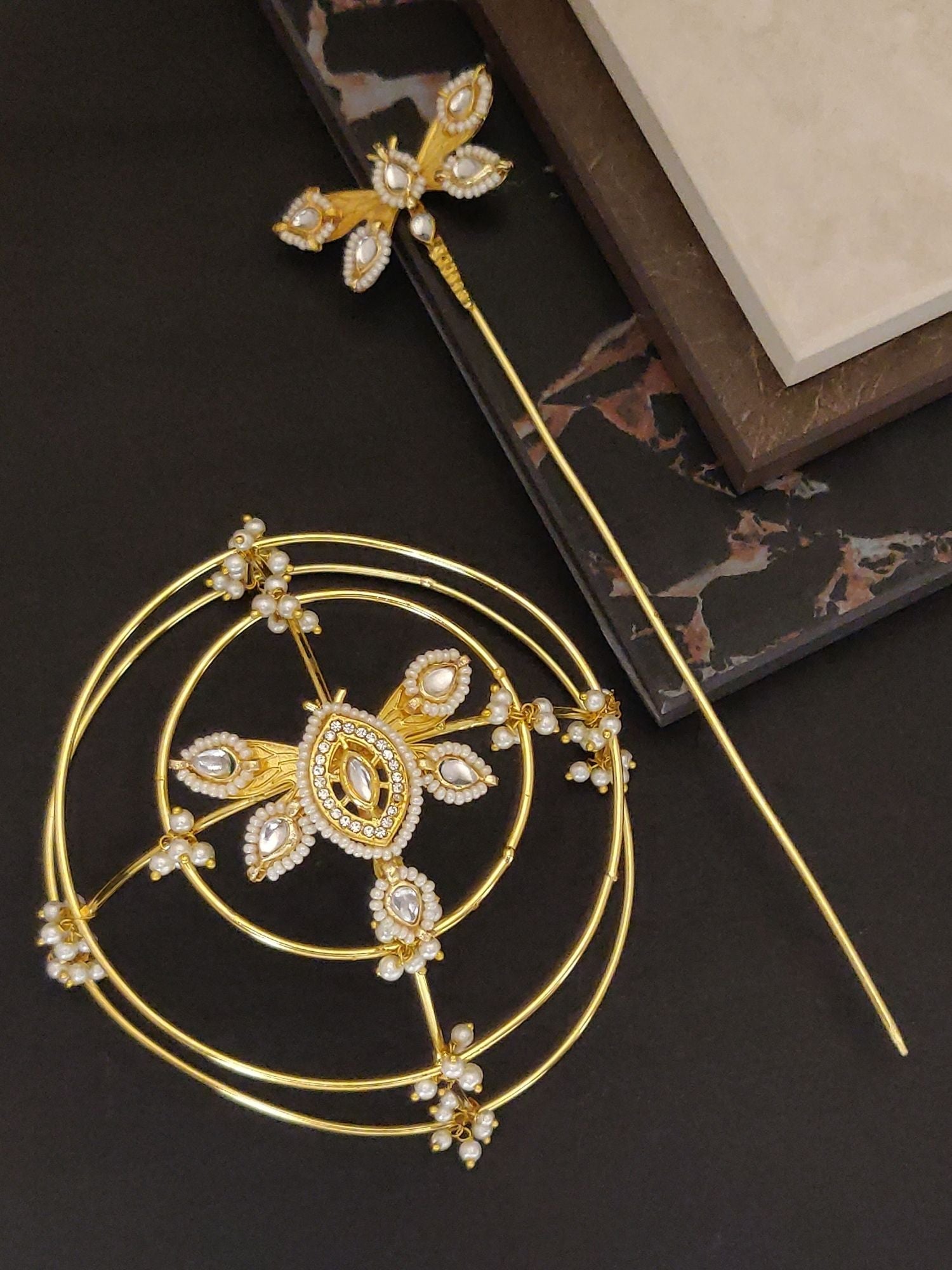 Gold Plated Antique Hair Bun Cage with Intricate Floral Design and Stylish Hair Pin