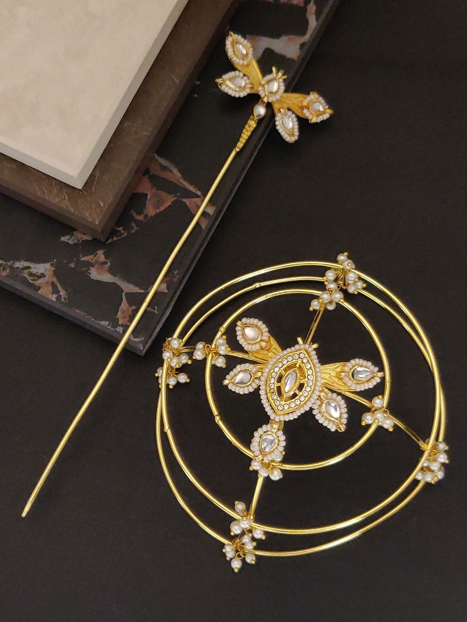 Gold Plated Antique Hair Bun Cage with Decorative Floral Design and Stunning Pearls