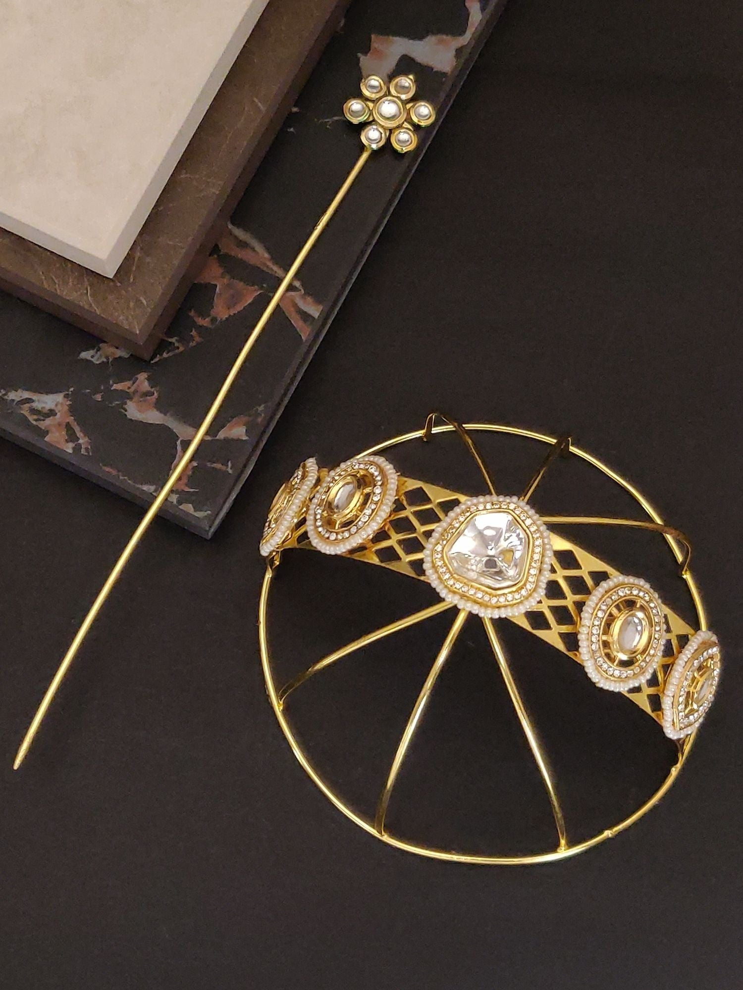 Gold Plated Antique Hair Bun Cage with Decorative Pins for Elegant Hairstyles