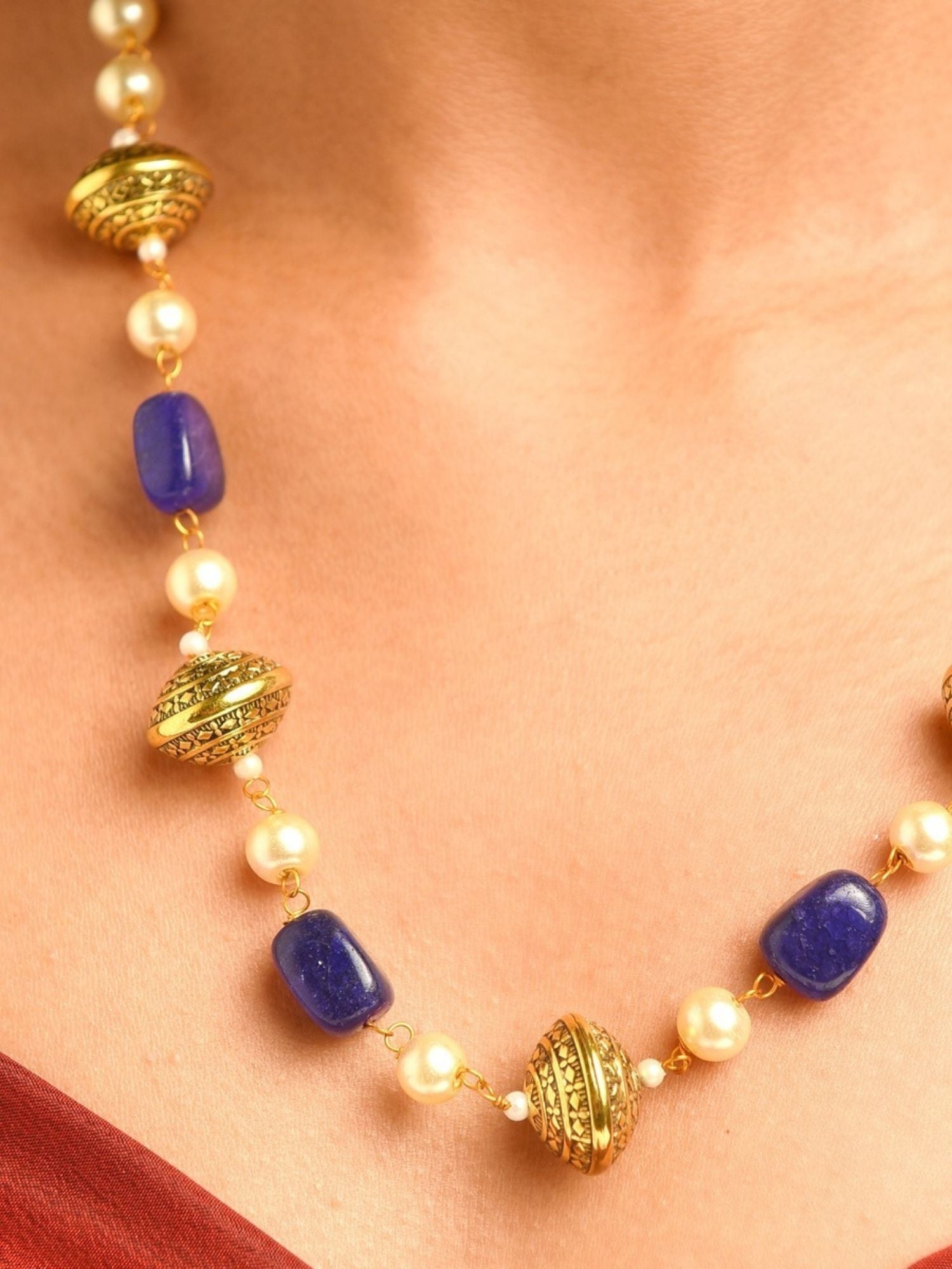 Abdesignsjewellery gold plated beaded necklace set with gold filigree beads pearls and blue gemstone accents