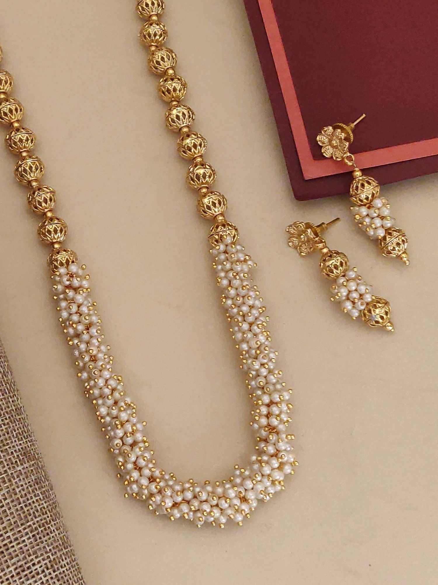 Gold Plated Beads Necklace Set featuring a mix of intricate gold beads and elegant pearls