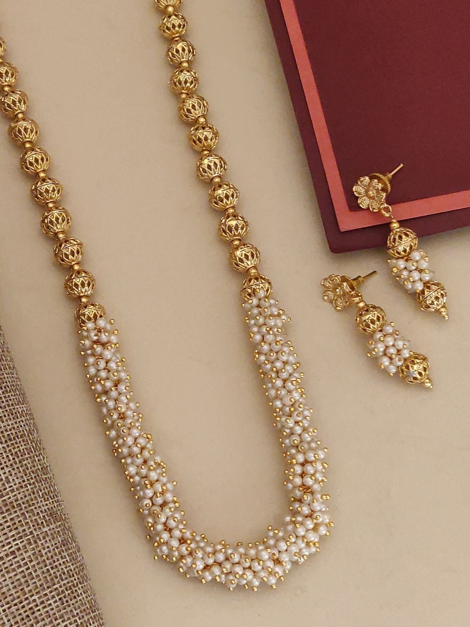 Gold Plated Beads Necklace Set featuring intricate beadwork and matching earrings for elegant styling