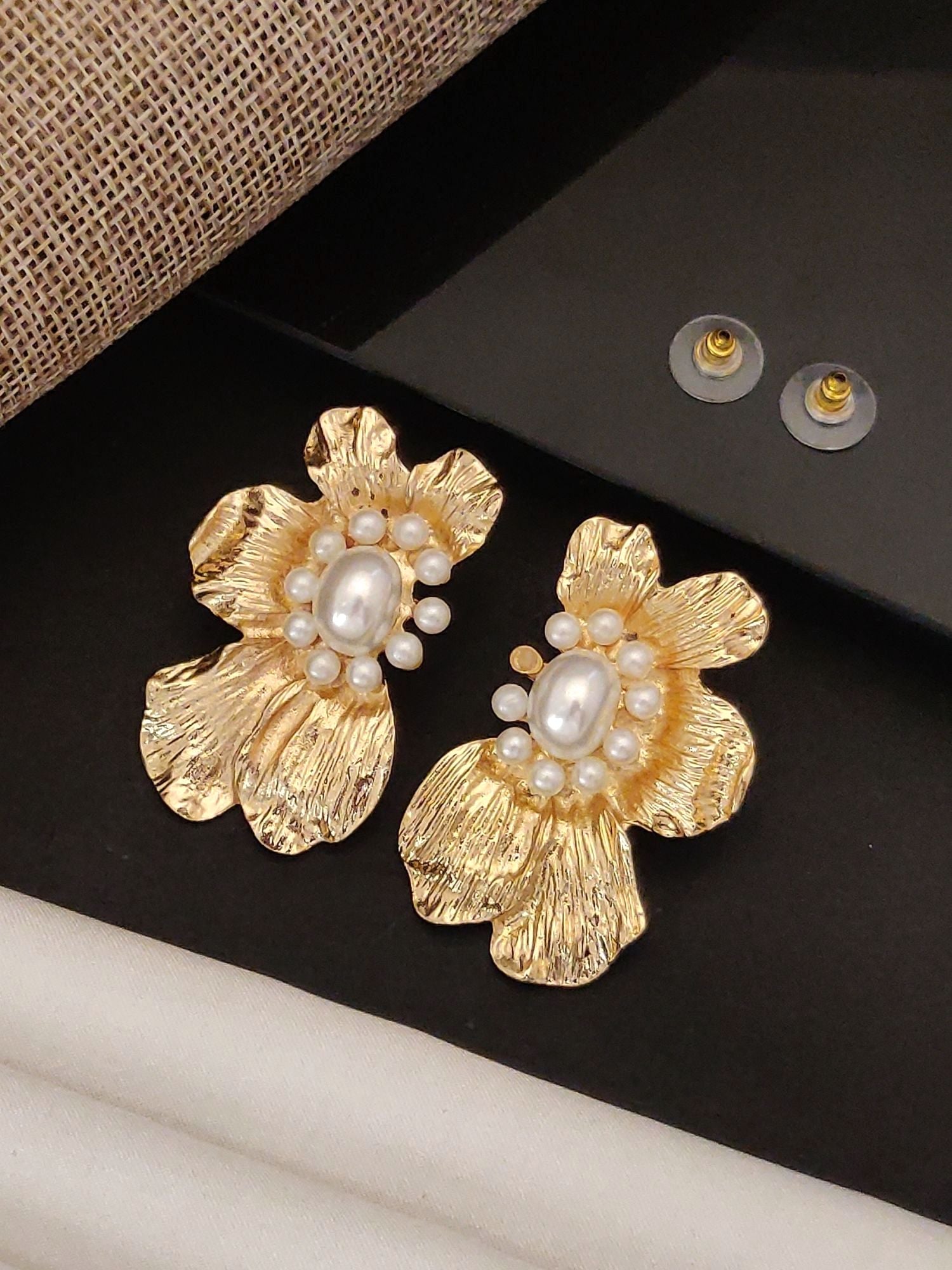Gold Plated Flower Earring with Pearl Accents and Textured Petals for Elegant Style