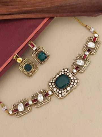 Gold Plated Green Stone Choker Necklace with intricate design and matching earrings for elegant styling