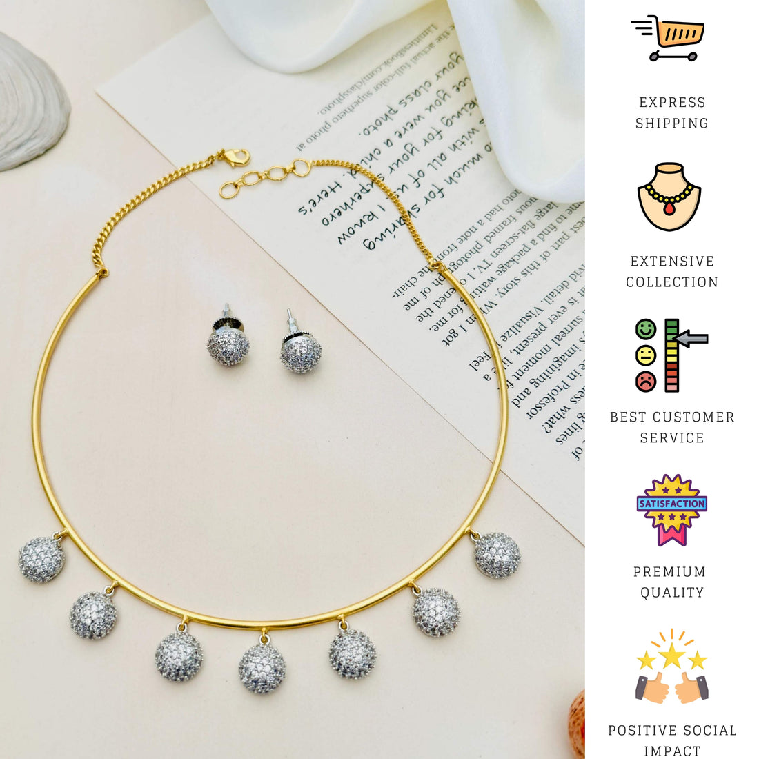 Abdesignsjewellery Gold Plated Hasli Necklace Set with round detailed pendants worn by model