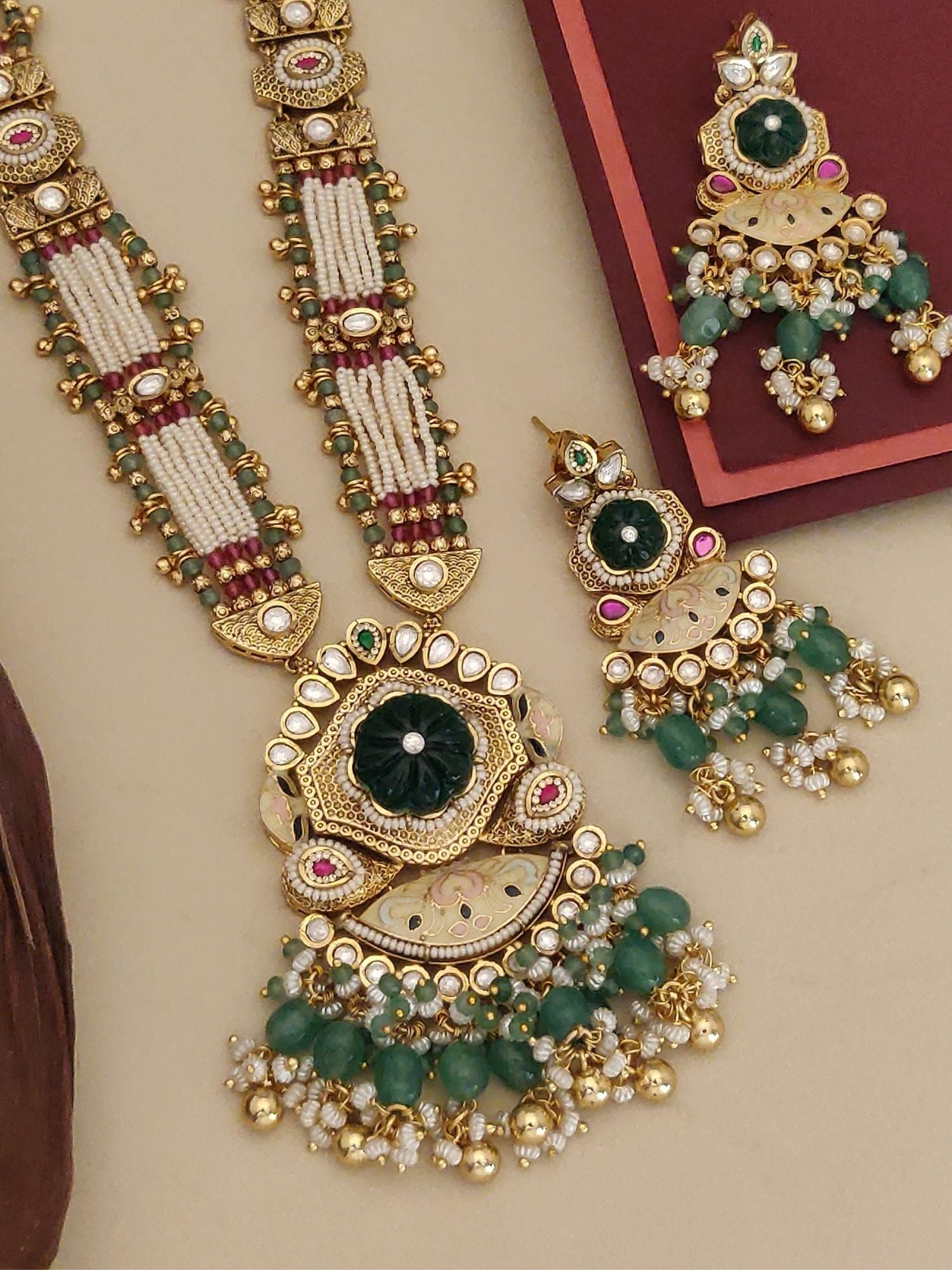 Abdesignsjewellery Gold Plated Long Antique Monalisa Stone Necklace Set with green beads pearls and matching earrings