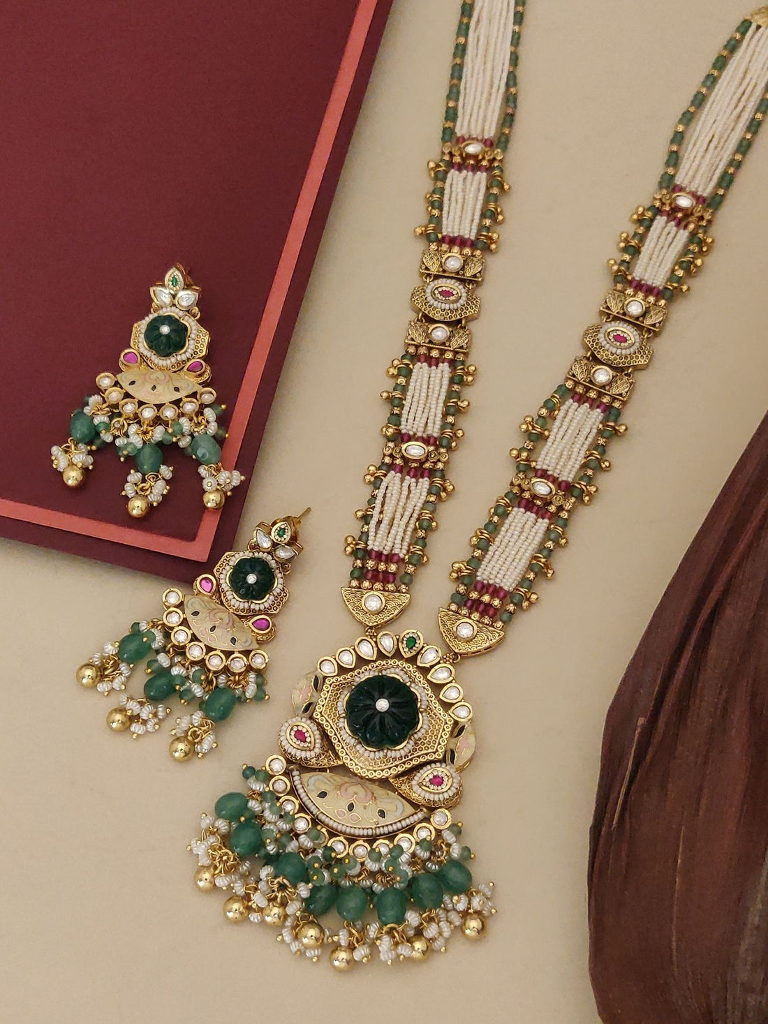 Gold Plated Long Antique Monalisa Stone Necklace Set by Abdesignsjewellery with green beaded pendant and matching earrings