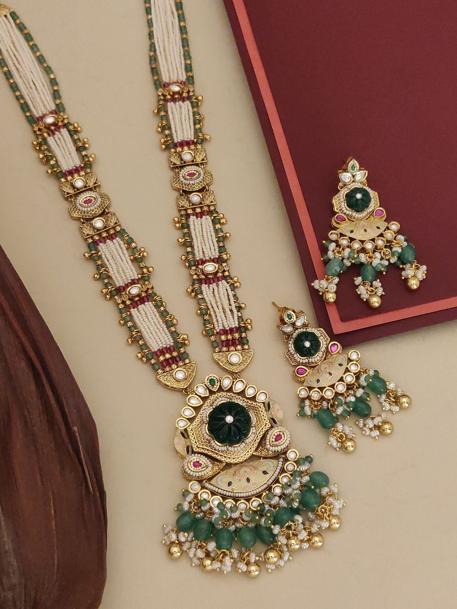 Gold Plated Long Antique Monalisa Stone Necklace Set by Abdesignsjewellery with green beaded pendant and matching earrings