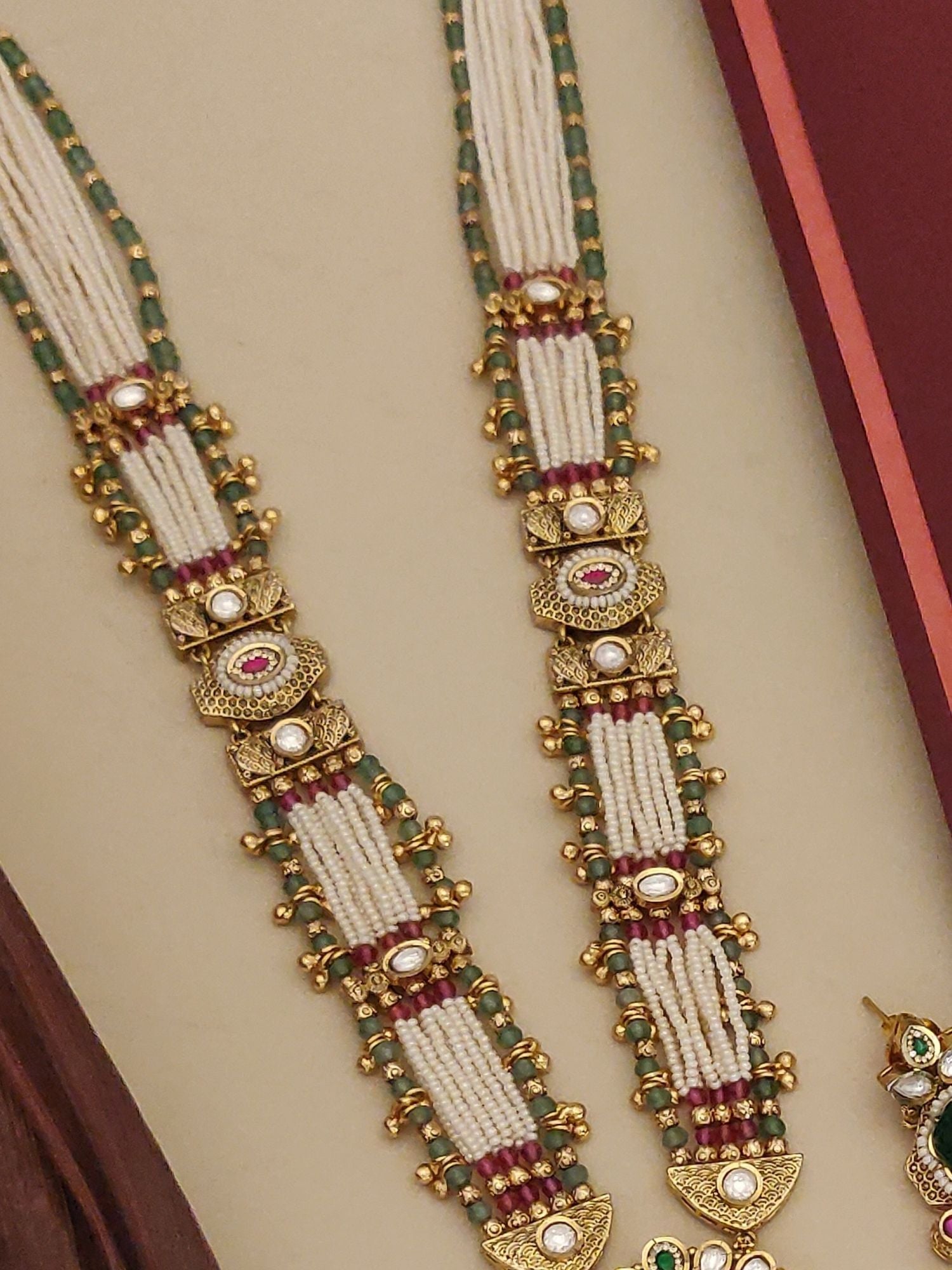 Gold Plated Long Antique Monalisa Stone Necklace Set by Abdesignsjewellery multi strand pearls green beads and red stone accents