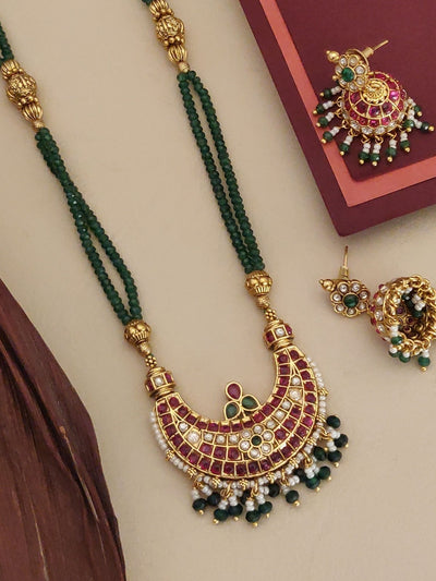 Abdesigns Gold Plated Long Necklace with Green Beads