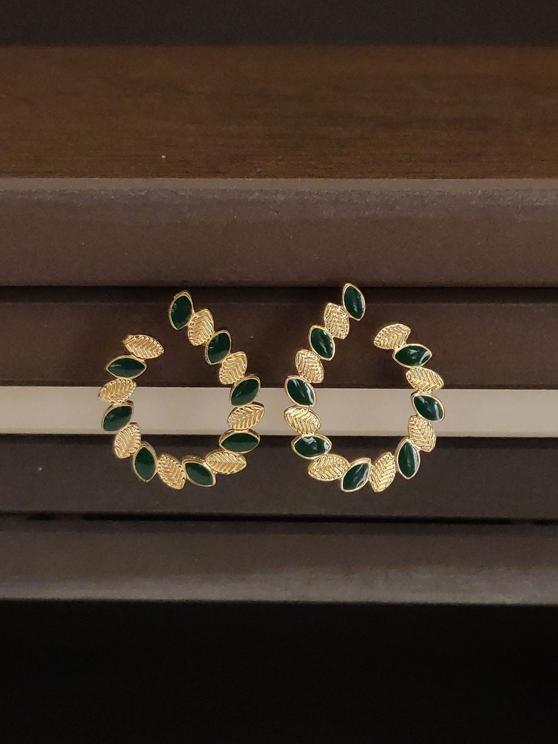 Gold Plated Mini Drop Green Studs Earring with intricate leaf design for elegant style