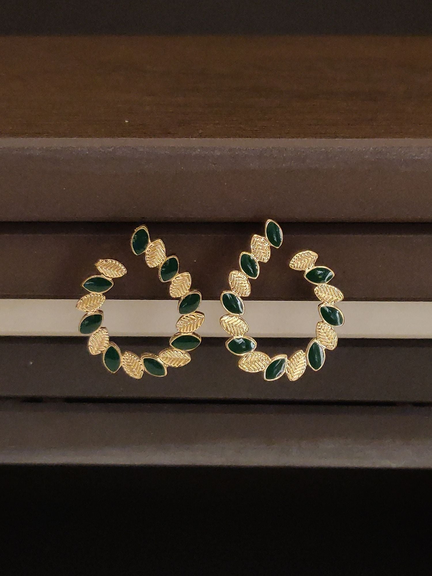 Gold Plated Mini Drop Green Studs Earring with intricate leaf design for elegant style