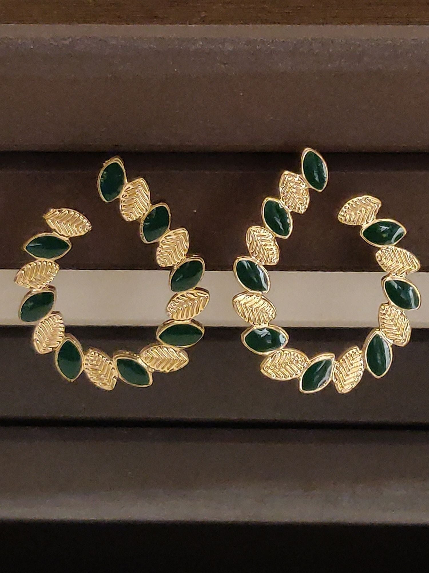 Gold Plated Mini Drop Green Studs Earring with Leaf Design for Elegant Style