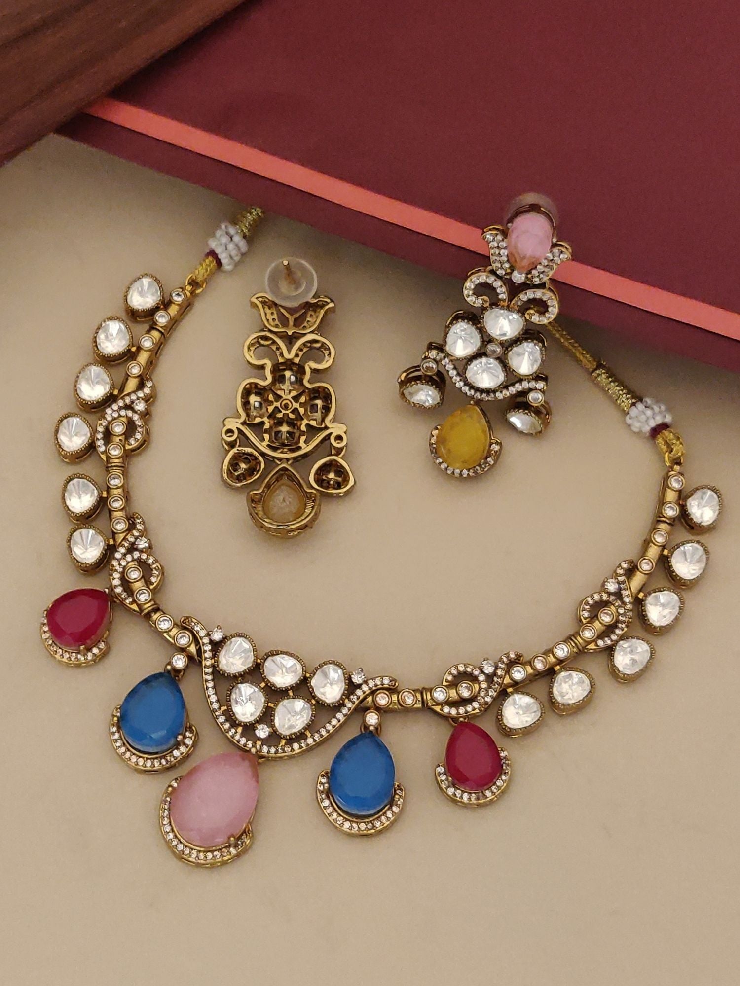 Gold Plated MultiColour Stones Necklace with colorful stones and intricate design for elegant jewelry lovers