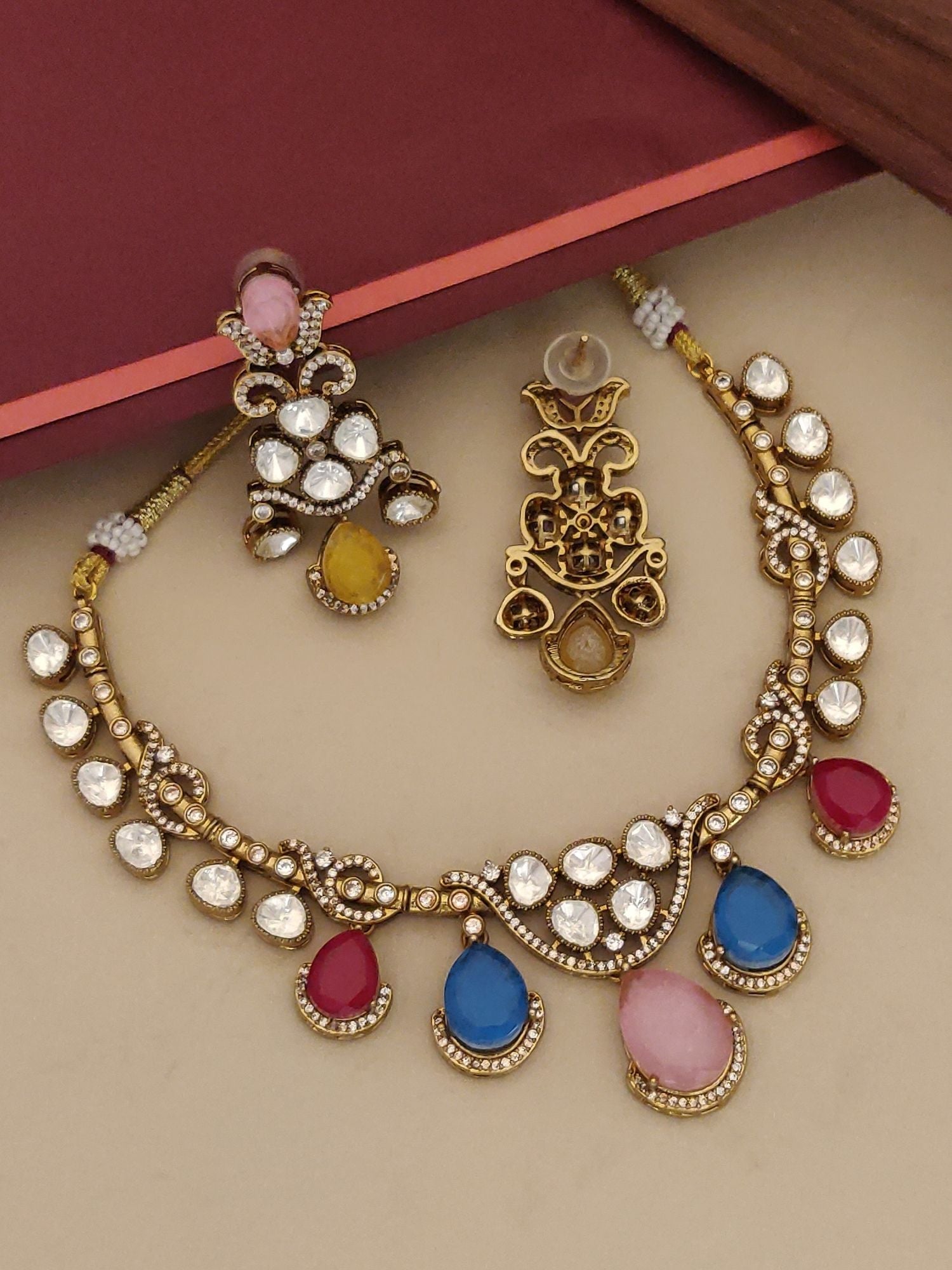 Gold Plated MultiColour Stones Necklace with intricate design and vibrant gemstones for elegant outfits