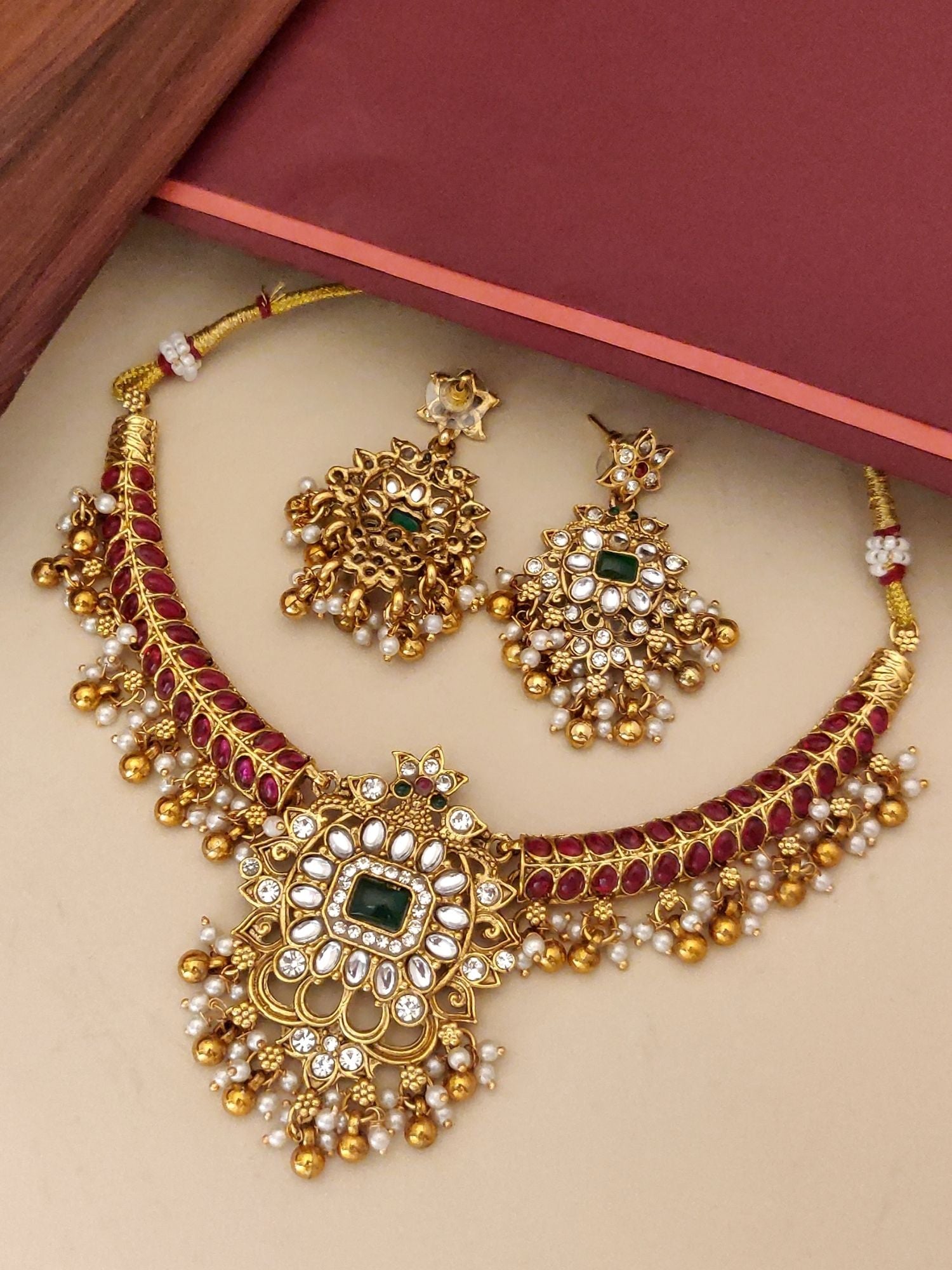 Abdesignsjewellery gold plated necklace set for women with green stone kundan work and pearl drop earrings