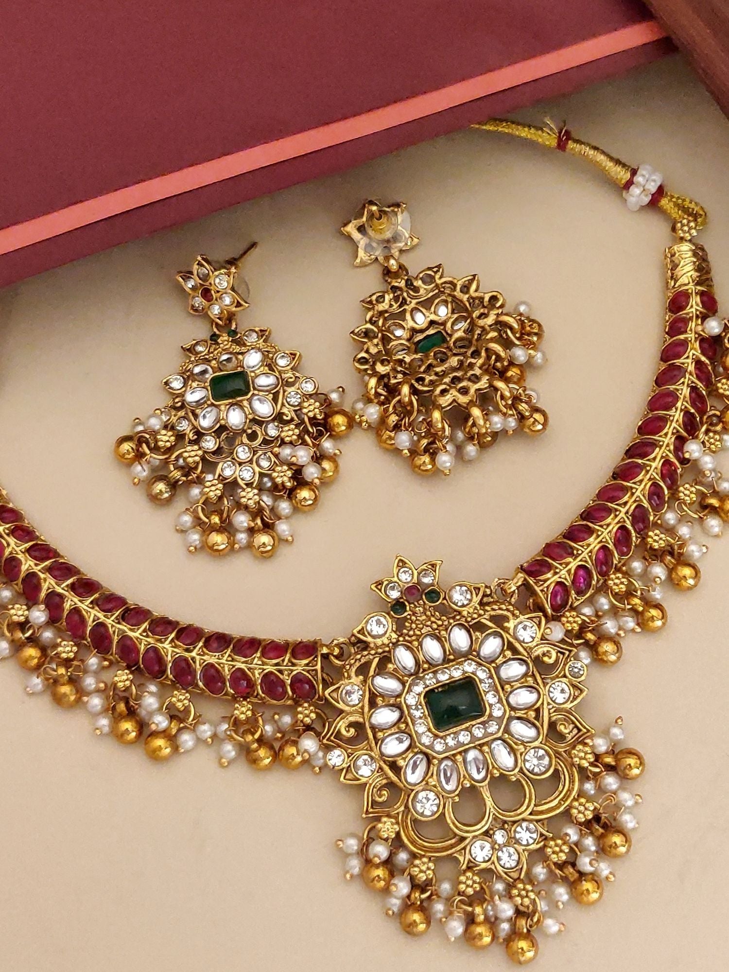 Abdesignsjewellery gold kundan necklace with matching earrings green stone and pearl drops gold plated necklace set for women