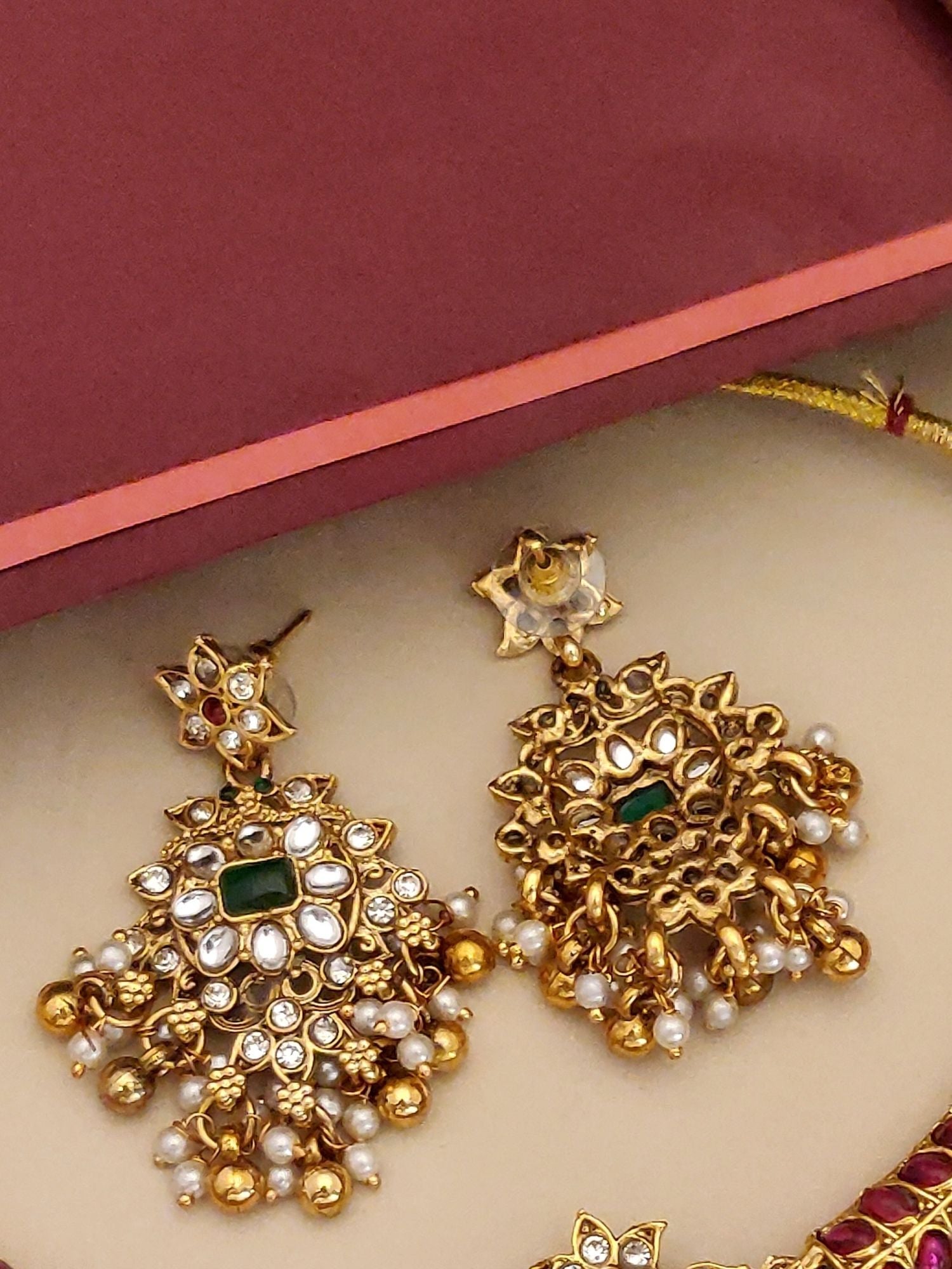 Abdesignsjewellery gold plated necklace set for women with ornate gold pendant green stone and pearl drop earrings