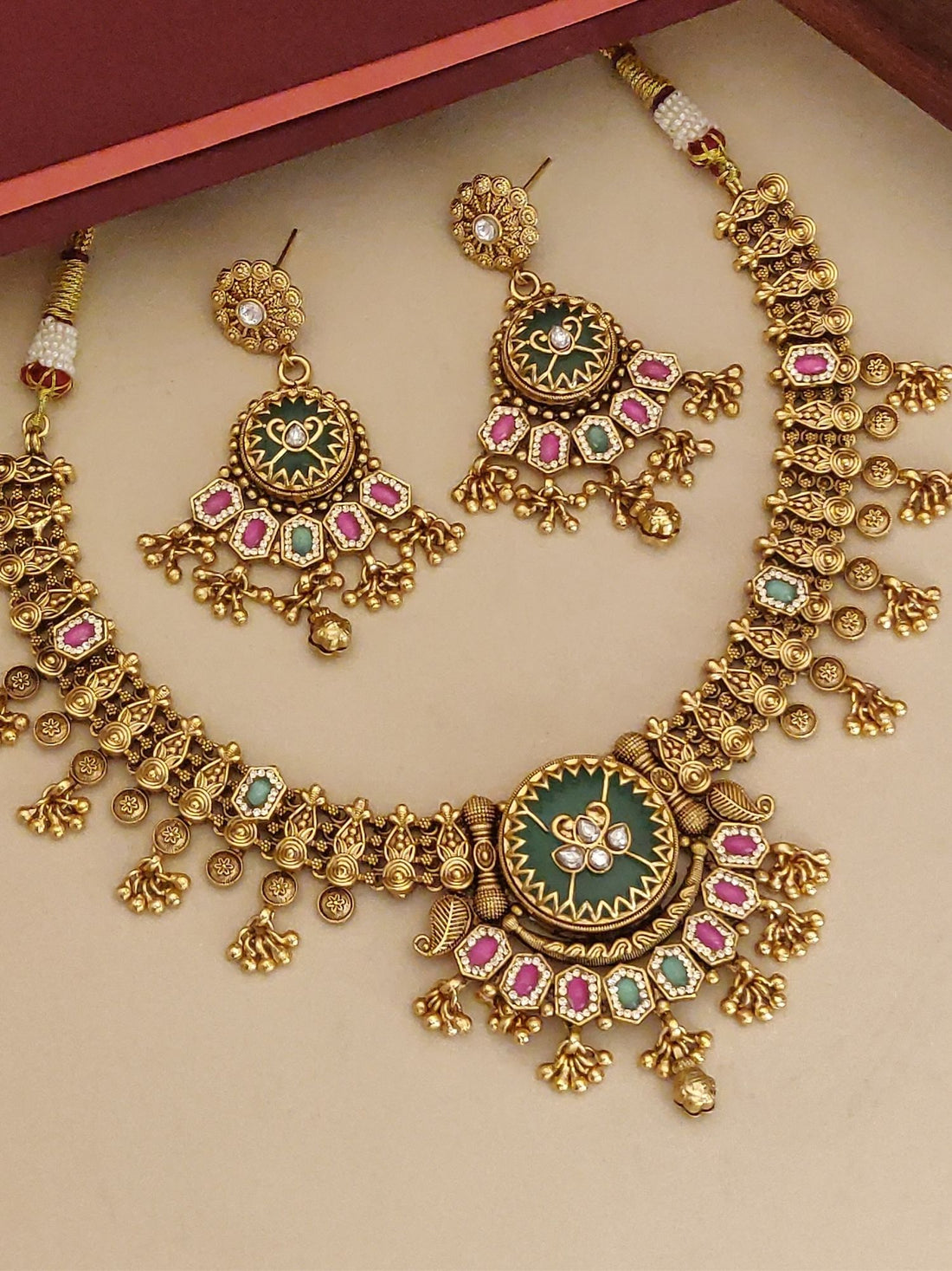 Stunning Gold Plated Necklace set with colorful stones and intricate detailing from Abdesigns Jewellery