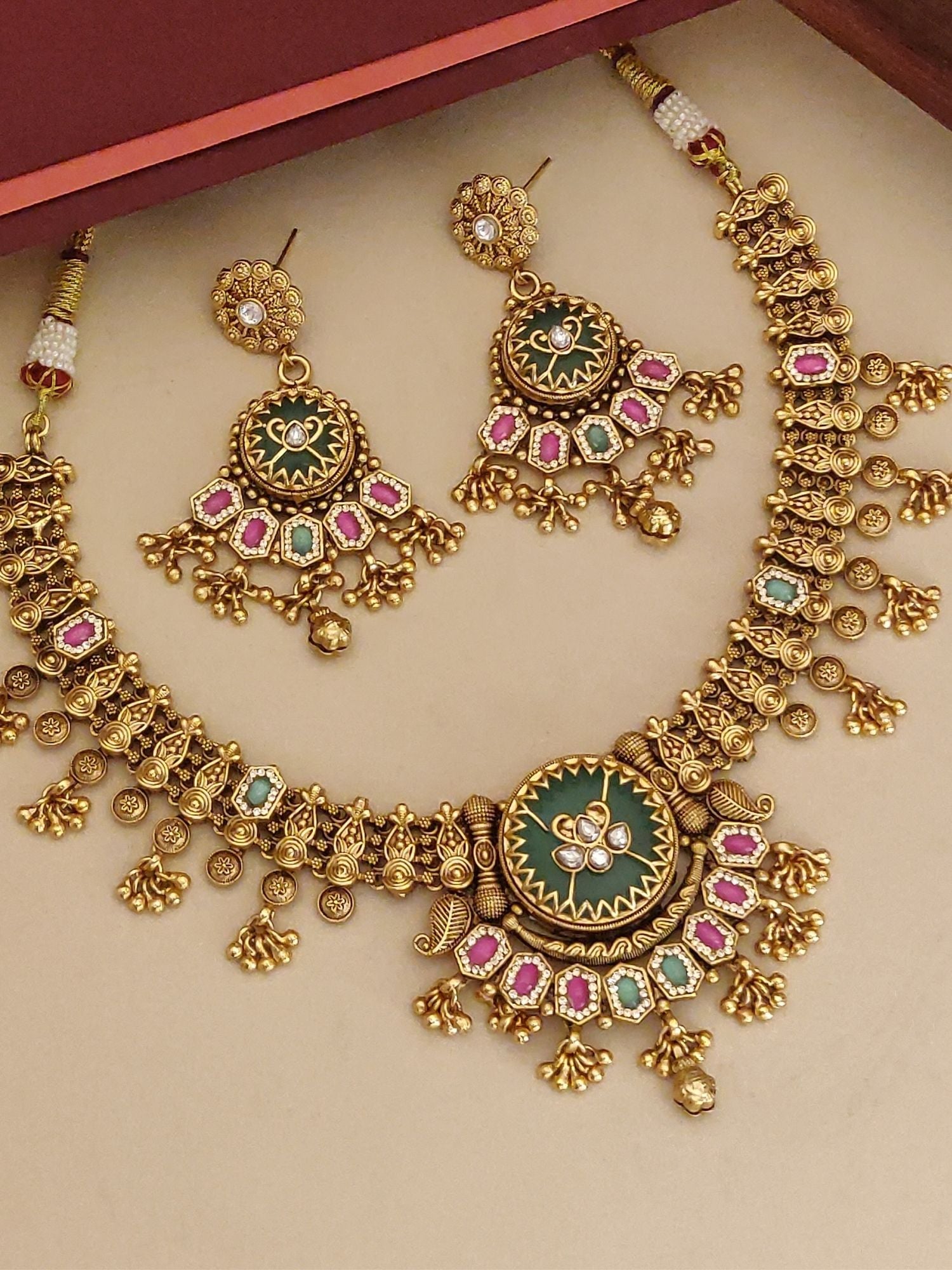 Gold Plated Necklace Set with Colorful Stones and Matching Earrings for Elegant Occasions