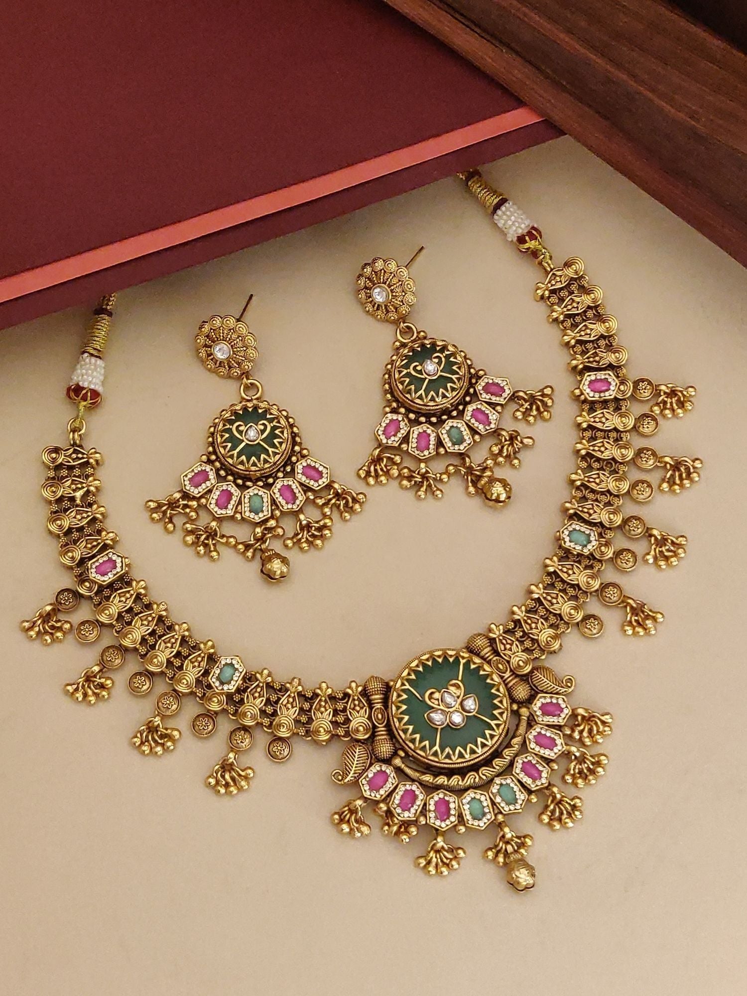 Stunning Gold Plated Necklace set with colorful stones and intricate detailing from Abdesigns Jewellery