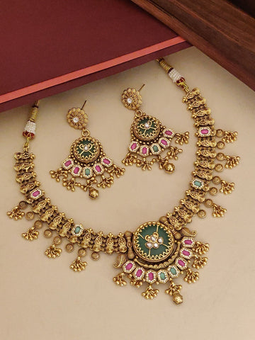 Stunning Gold Plated Necklace set with colorful stones and intricate detailing from Abdesigns Jewellery