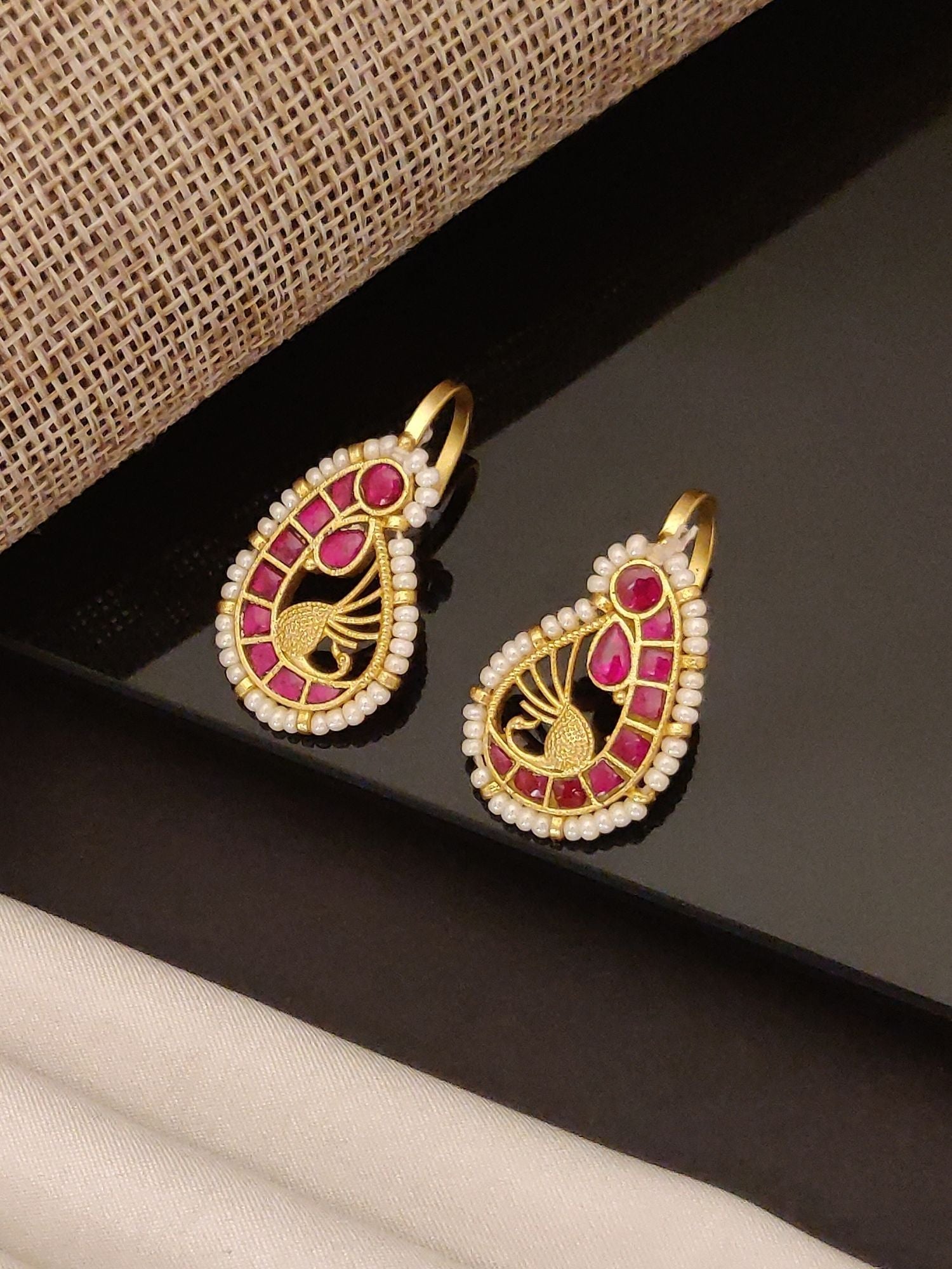 Abdesignsjewellery gold plated pearl ruby earrings teardrop kundan style with intricate gold filigree and pearl border