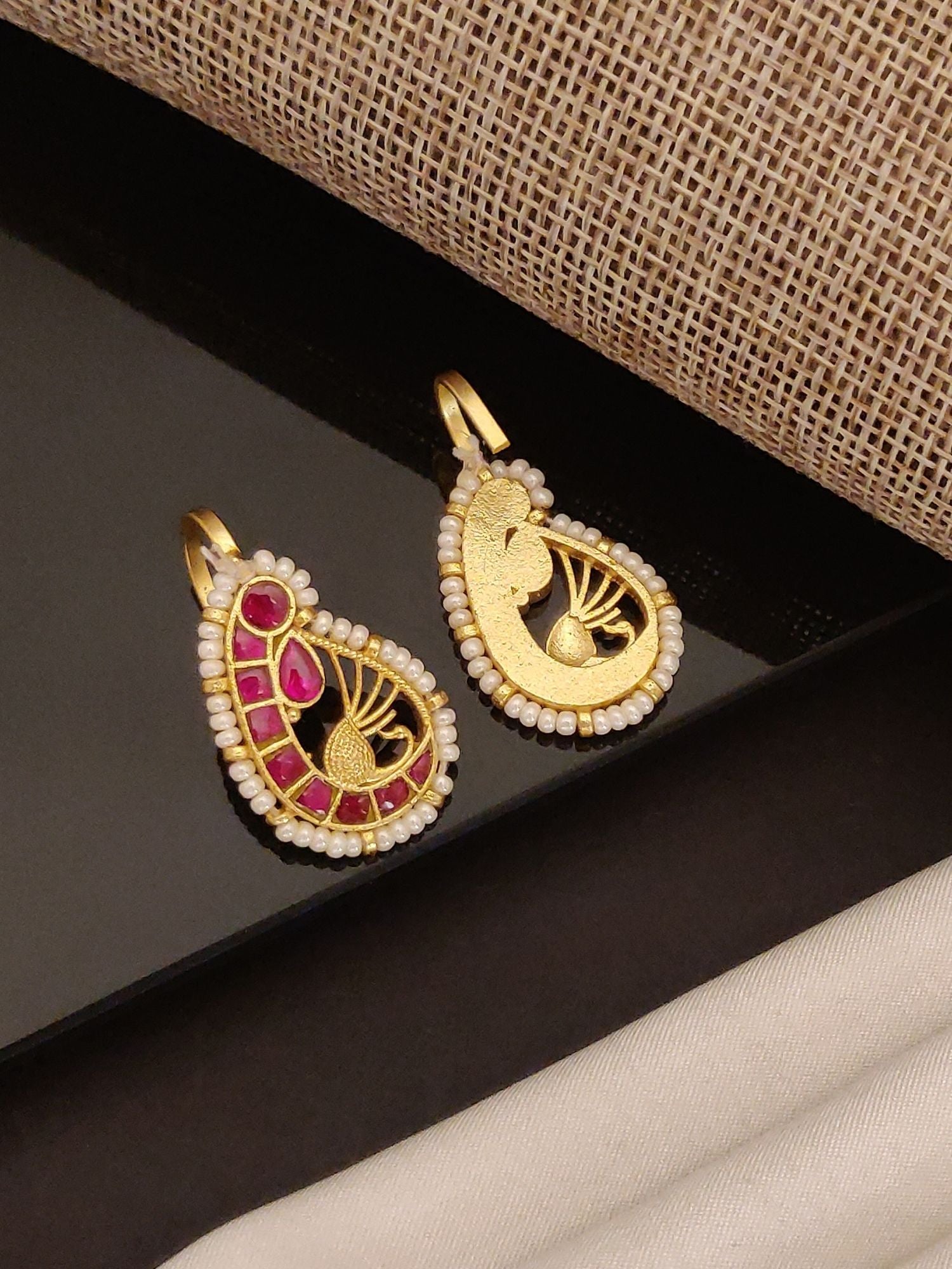 Abdesignsjewellery gold plated pearl ruby earrings teardrop filigree design with seed pearls and ruby accents