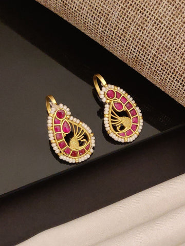 Abdesignsjewellery gold plated pearl ruby earrings teardrop design with ruby inlay and pearl border hook backs
