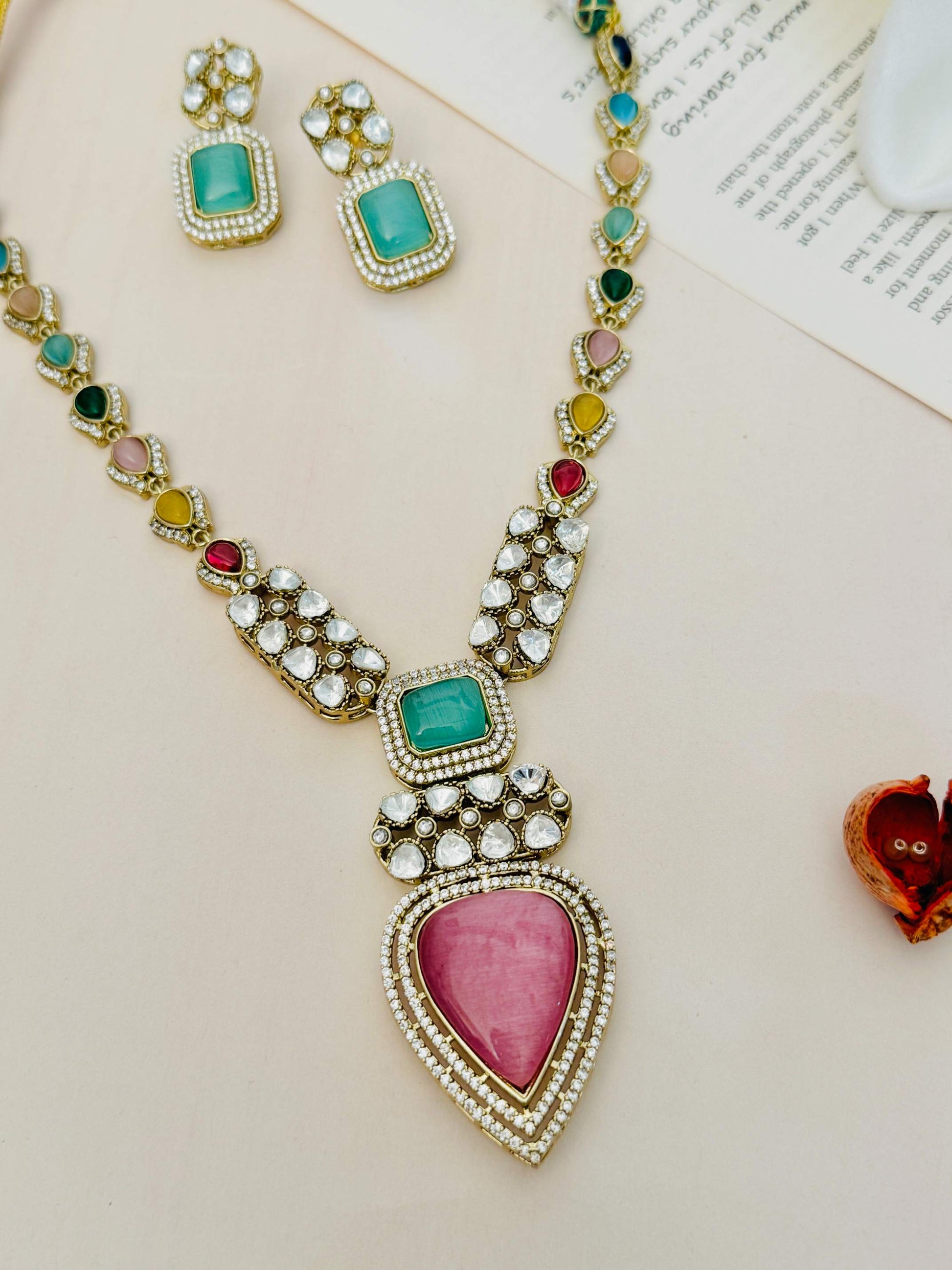 Gold Plated Polki Bridal Necklace Set with multicolored stones and matching earrings by Abdesignsjewellery