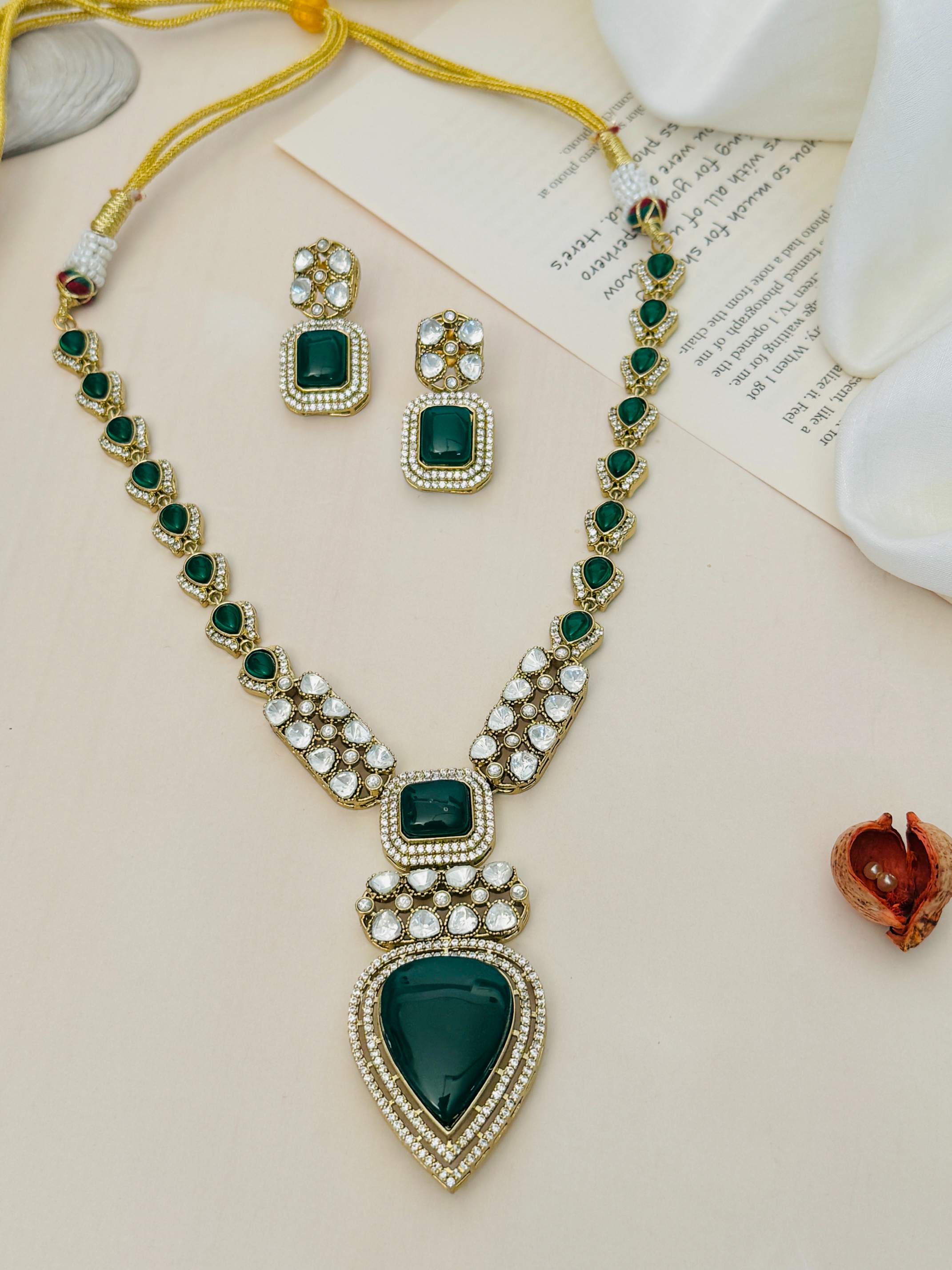 Abdesignsjewellery Gold Plated Polki Bridal Necklace Set with green stones and matching earrings