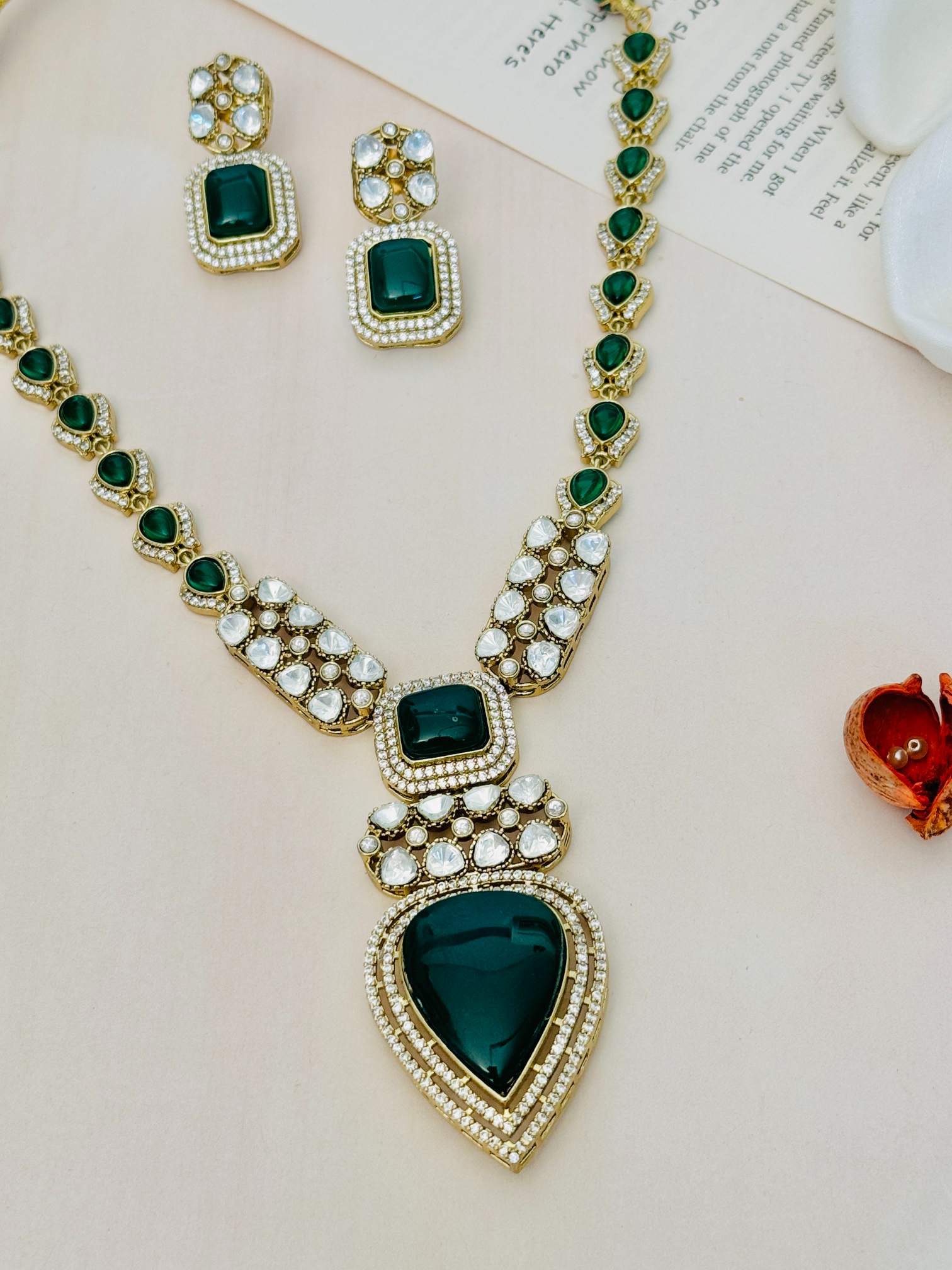 Abdesignsjewellery Gold Plated Polki Bridal Necklace Set with green and white stones