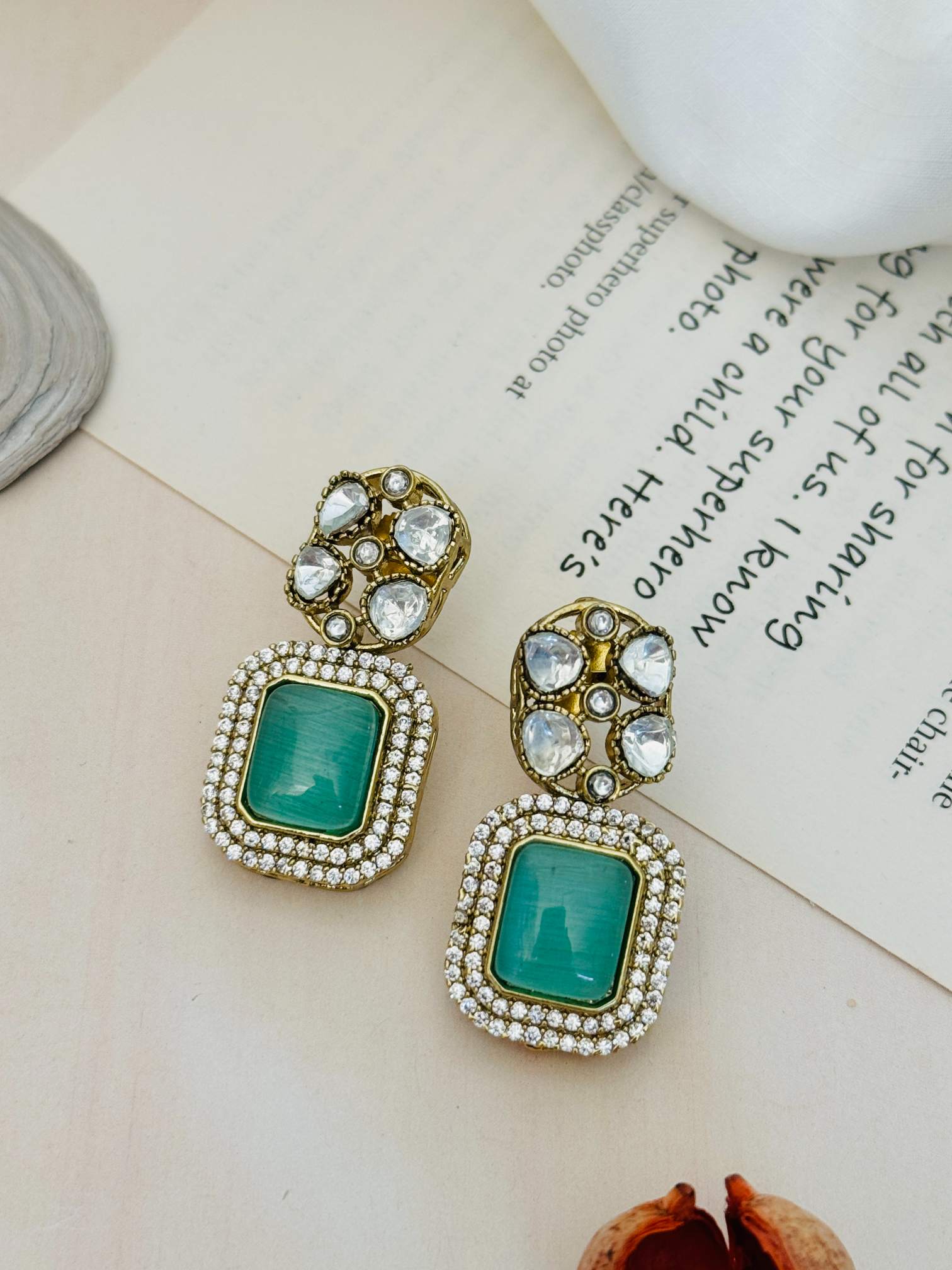 Gold Plated Polki Bridal Necklace Set featuring intricate green stone and polki diamond design earrings