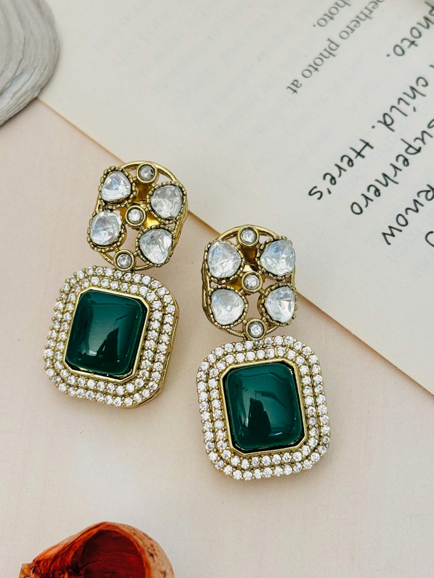 Gold Plated Polki Bridal Necklace Set featuring elegant green and white gemstone earrings with intricate design