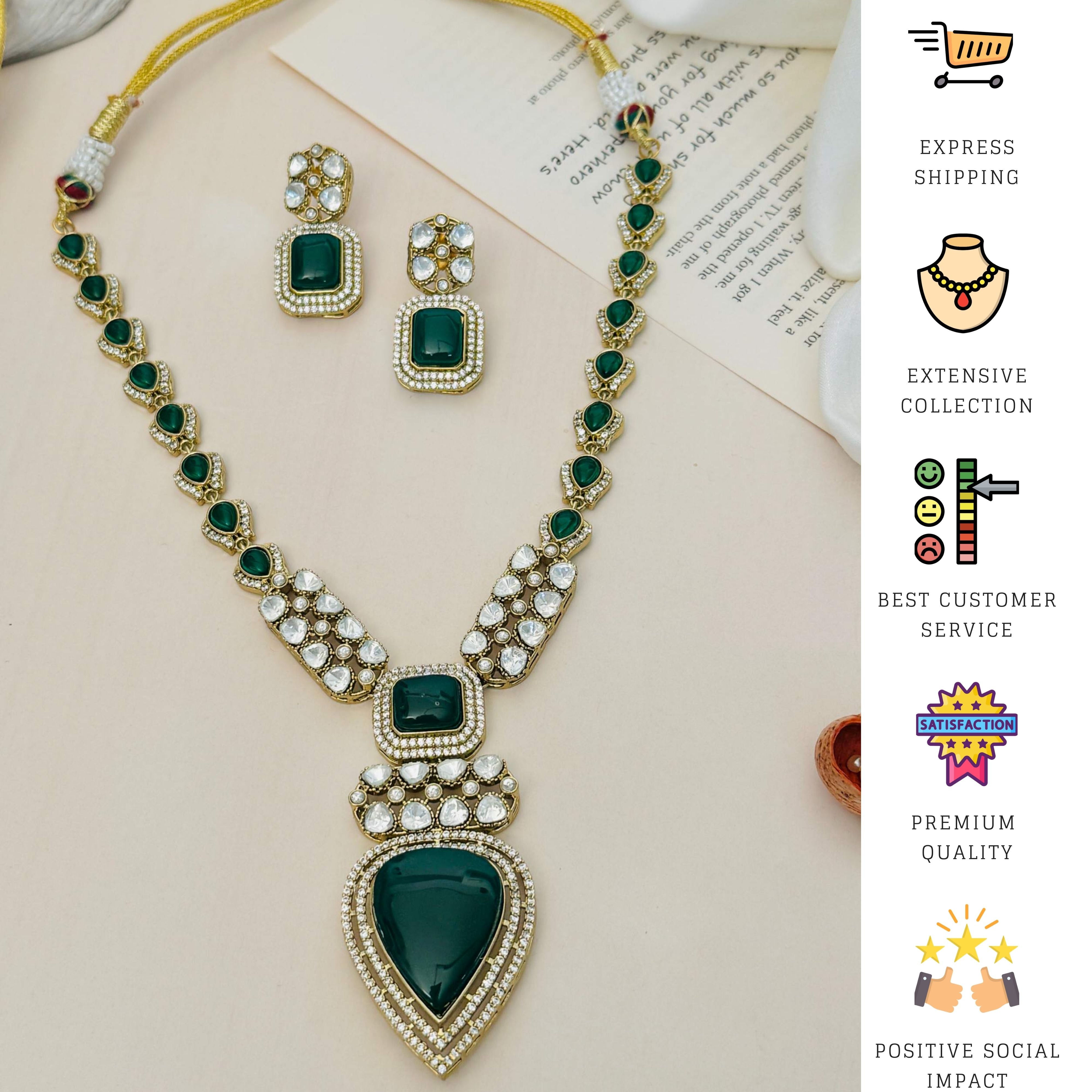 Gold Plated Polki Bridal Necklace Set with green stones and matching earrings by Abdesignsjewellery