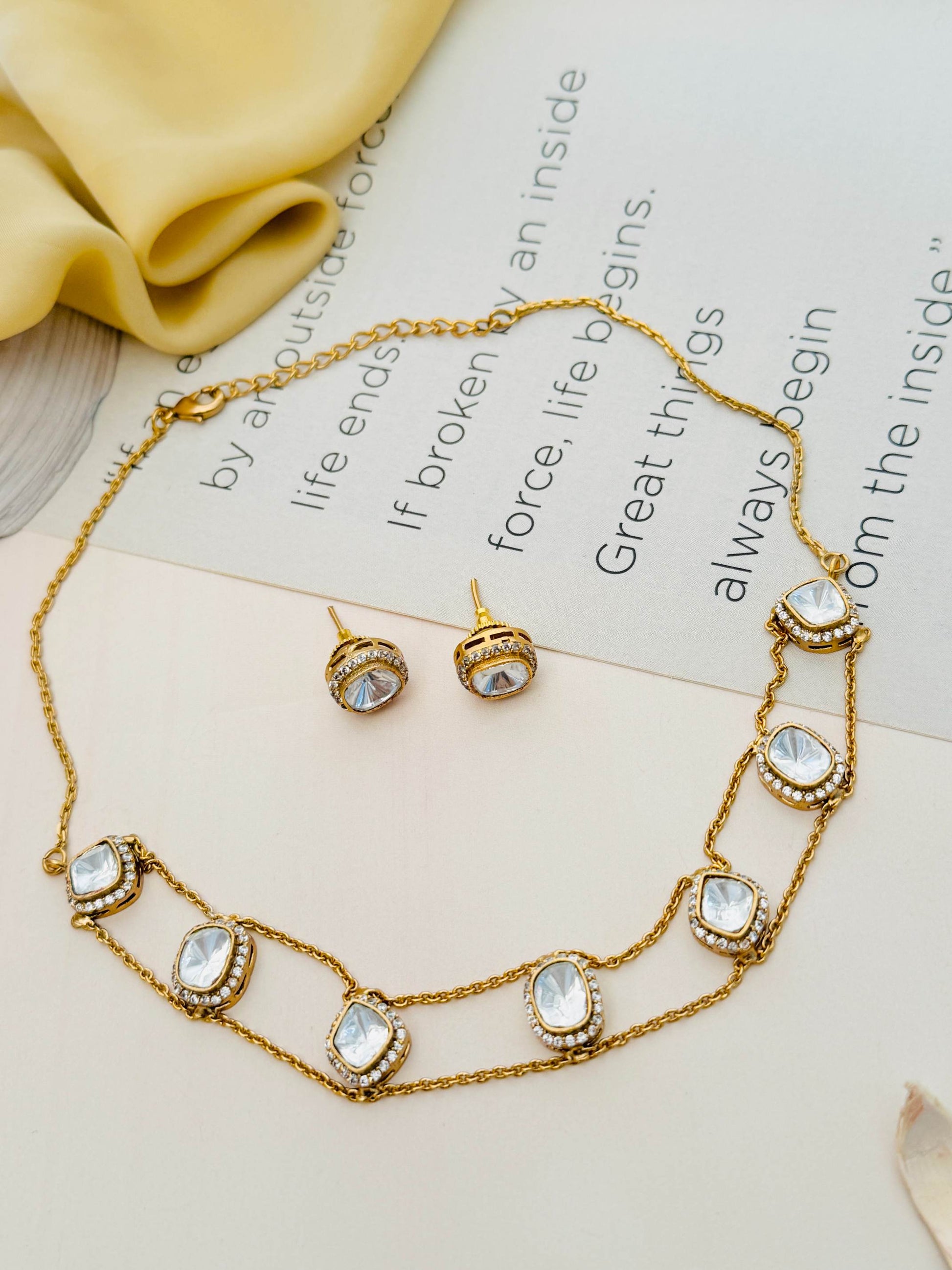 Gold Plated Polki Choker Necklace Set by Abdesignsjewellery with intricate white stone detailing