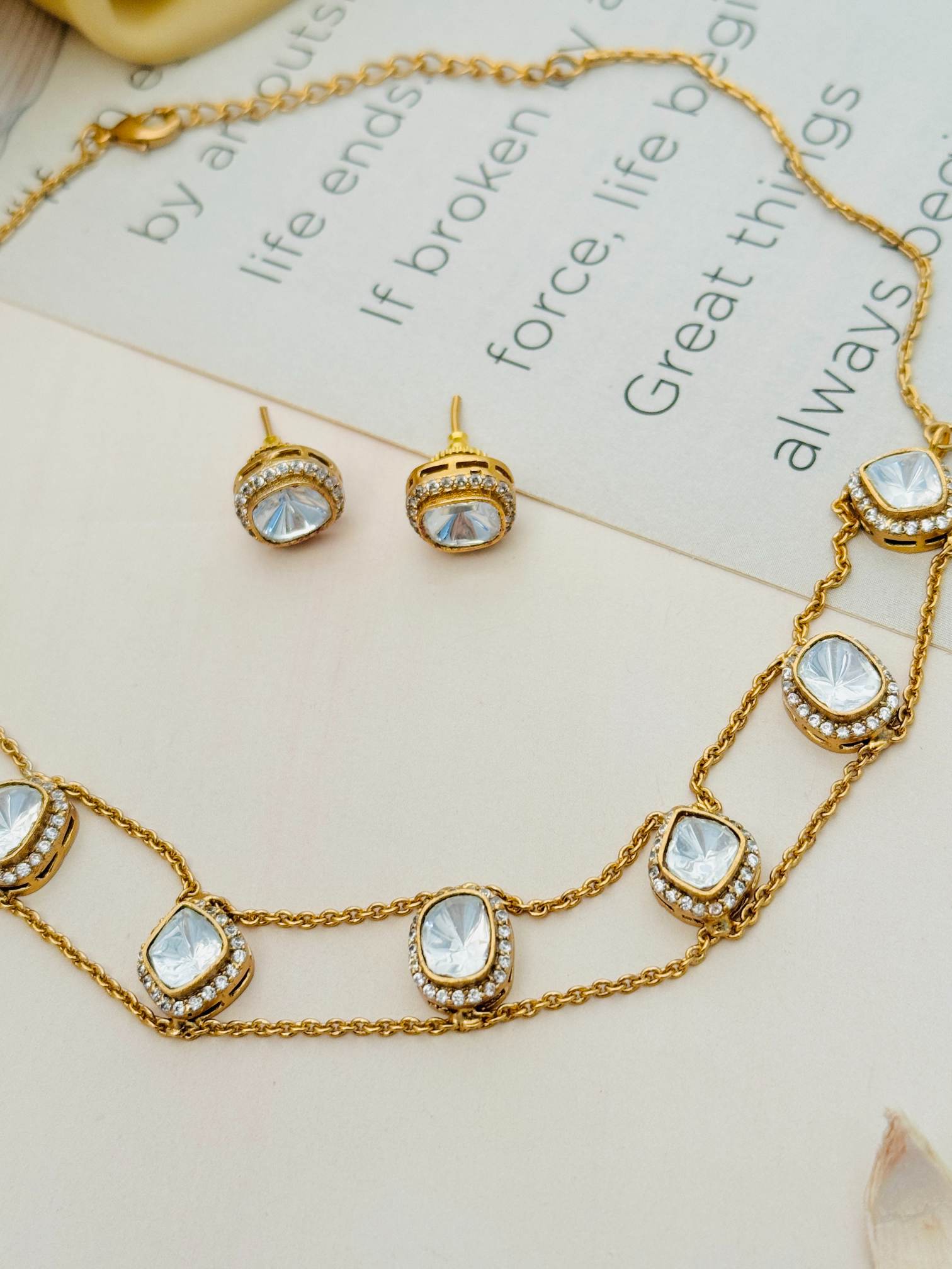 Gold Plated Polki Choker Necklace Set with clear stones and matching earrings by Abdesignsjewellery