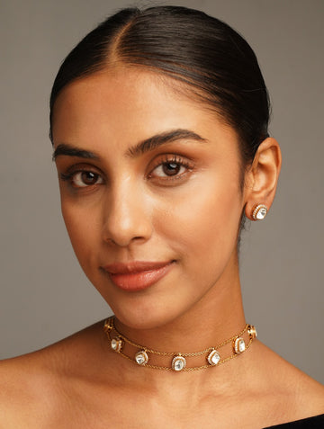 Gold Plated Polki Choker Necklace Set by Abdesignsjewellery worn by woman with matching earrings