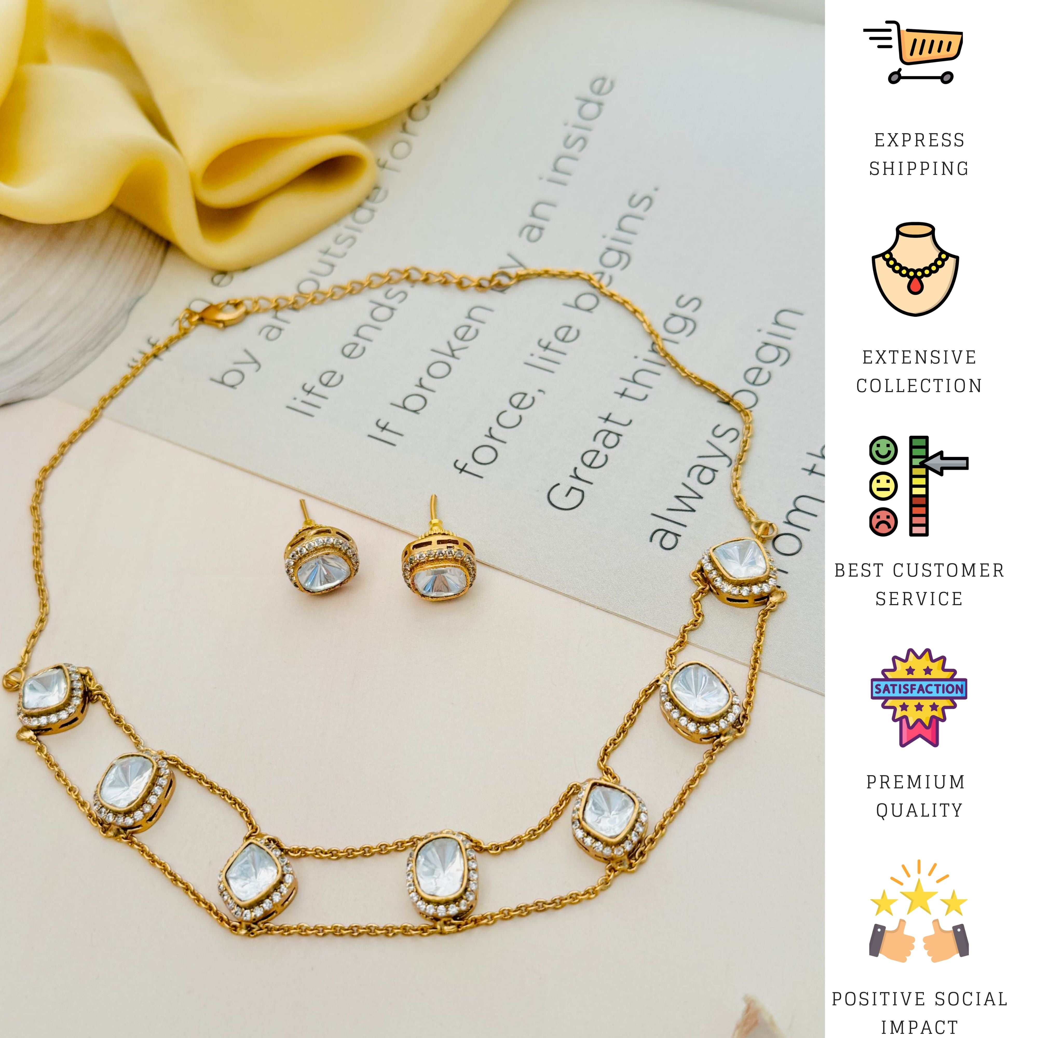 Gold Plated Polki Choker Necklace Set with matching earrings by Abdesignsjewellery on beige background