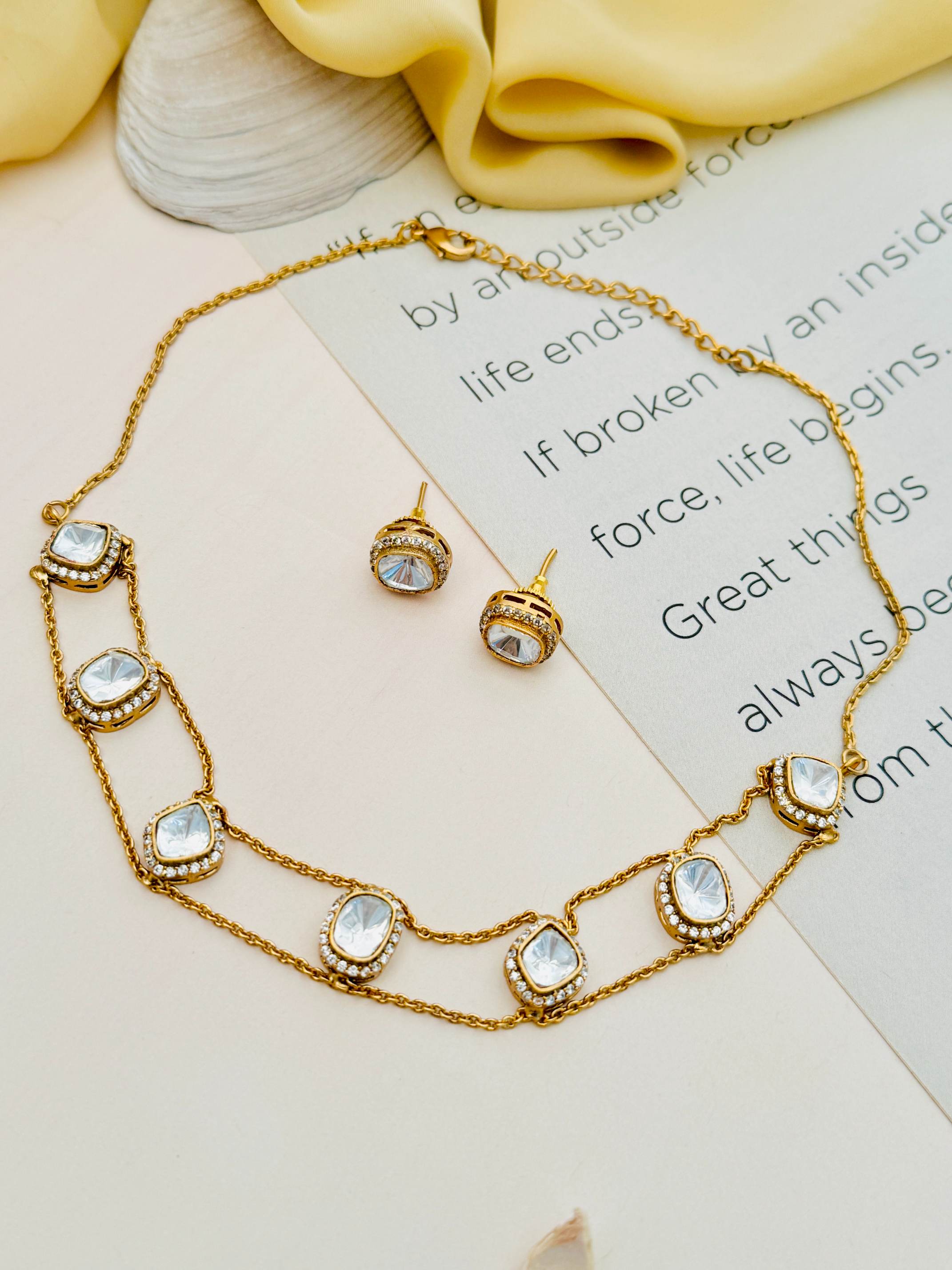 Gold Plated Polki Choker Necklace Set with clear stones and matching stud earrings by Abdesignsjewellery