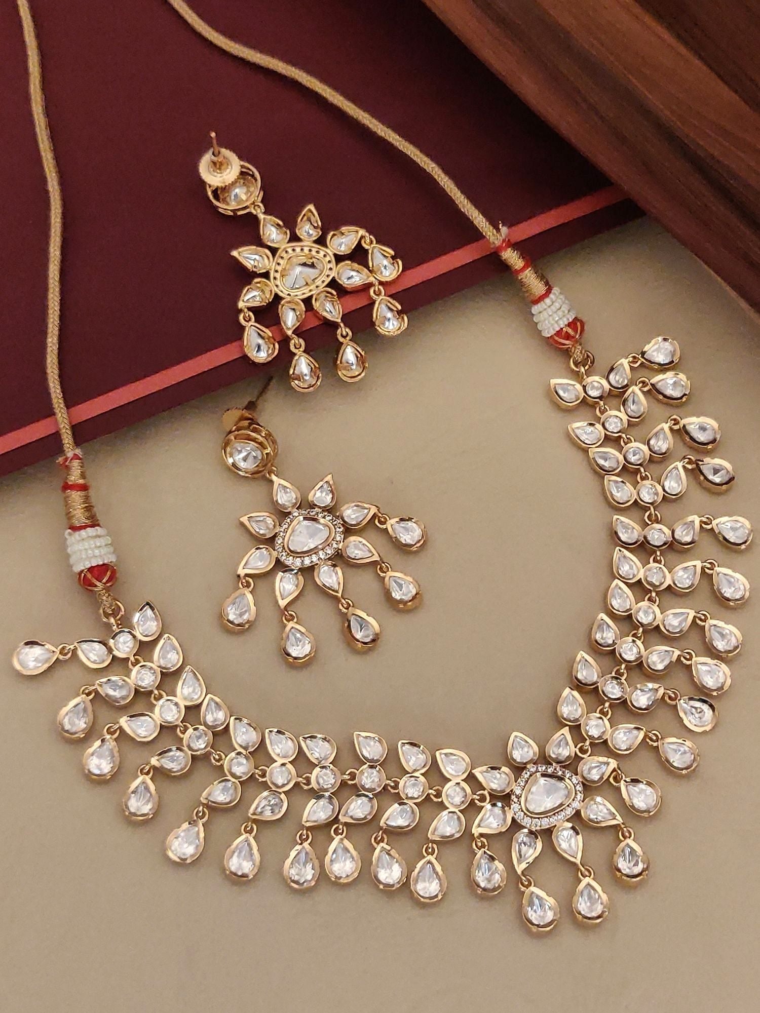Gold Plated Polki Flower Necklace with Intricate Design and Matching Earrings from Abdesignsjewellery