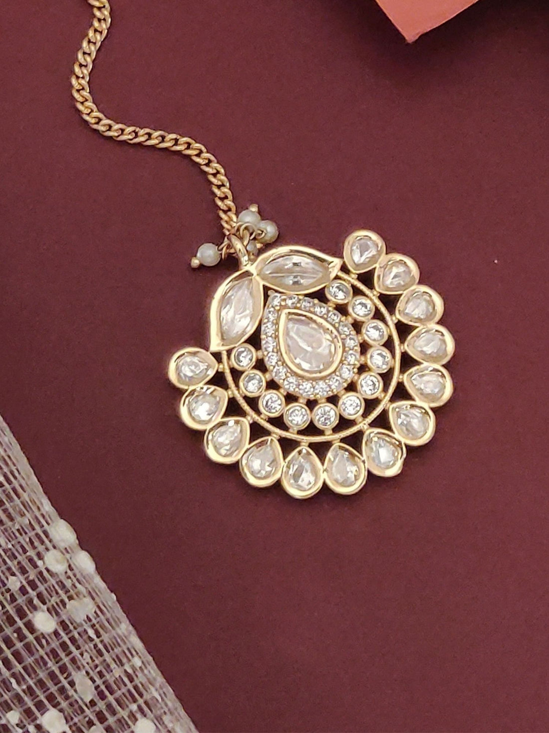 Gold Plated Polki Maangtikka with Intricate Design and Elegant Gemstones for Traditional Looks