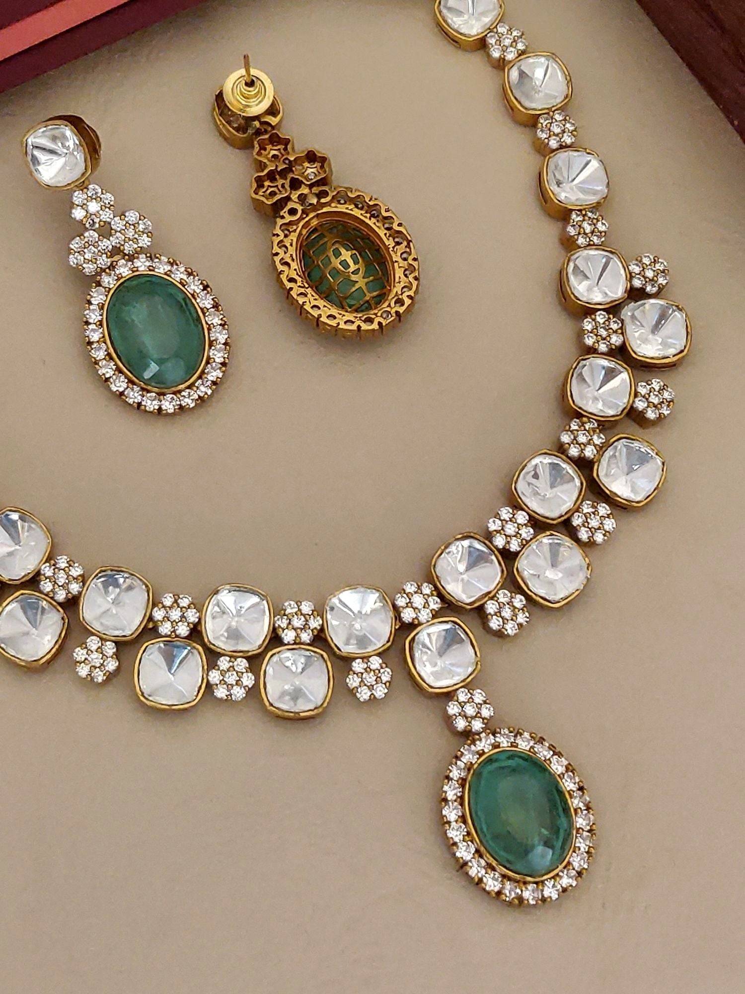Gold Plated Polki Necklace Set with Green and White Stones, Includes Elegant Earrings