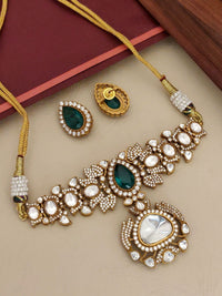Thumbnail for Elegant gold plated polki necklace set with intricate design and emerald accents, perfect for special occasions
