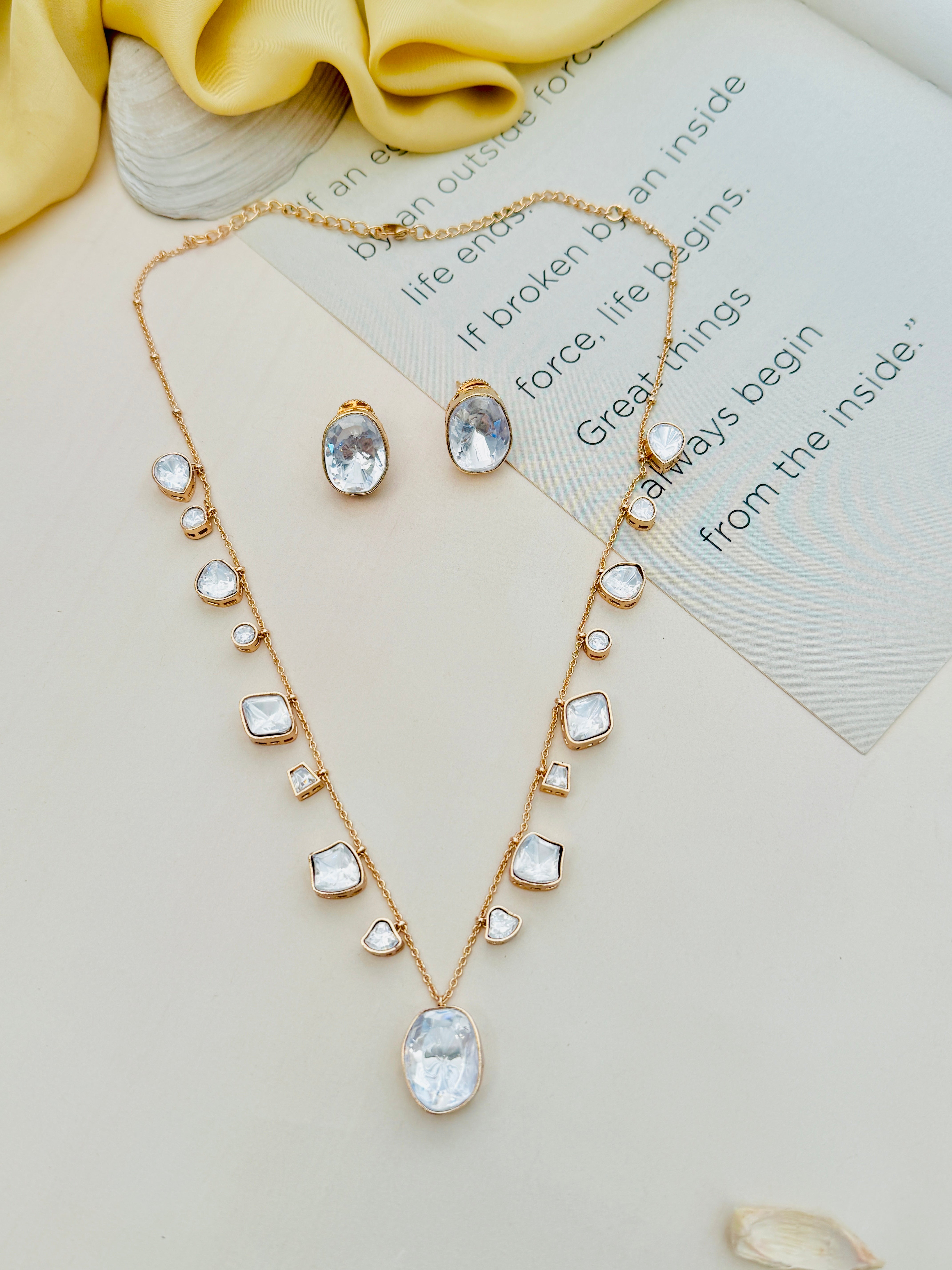 Gold Plated Polki Pendant Chain Combo by Abdesignsjewellery with matching earrings and clear stones